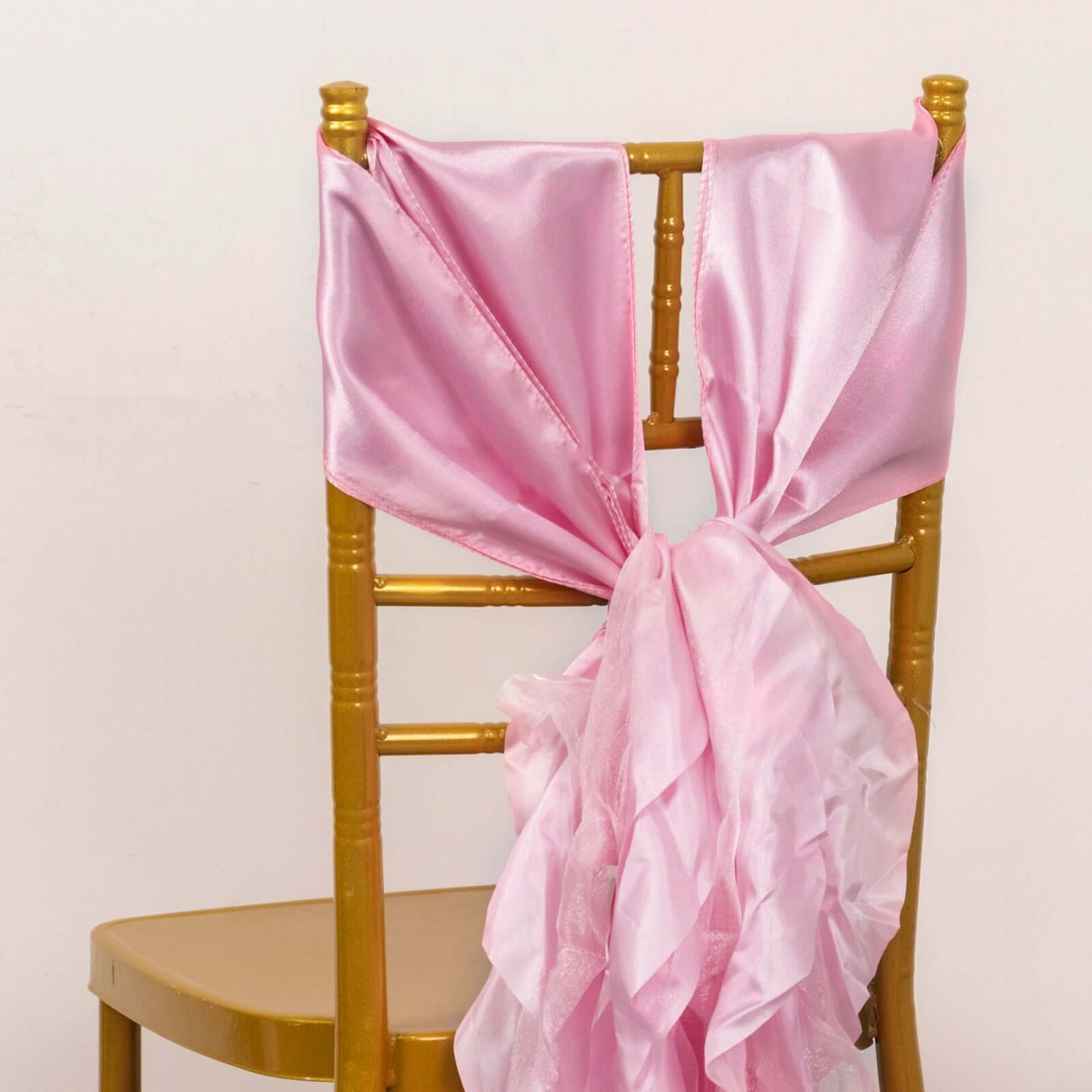 5 Pack Chiffon Satin Chair Sashes Pink - Easy to Install Ruffled Curly Willow