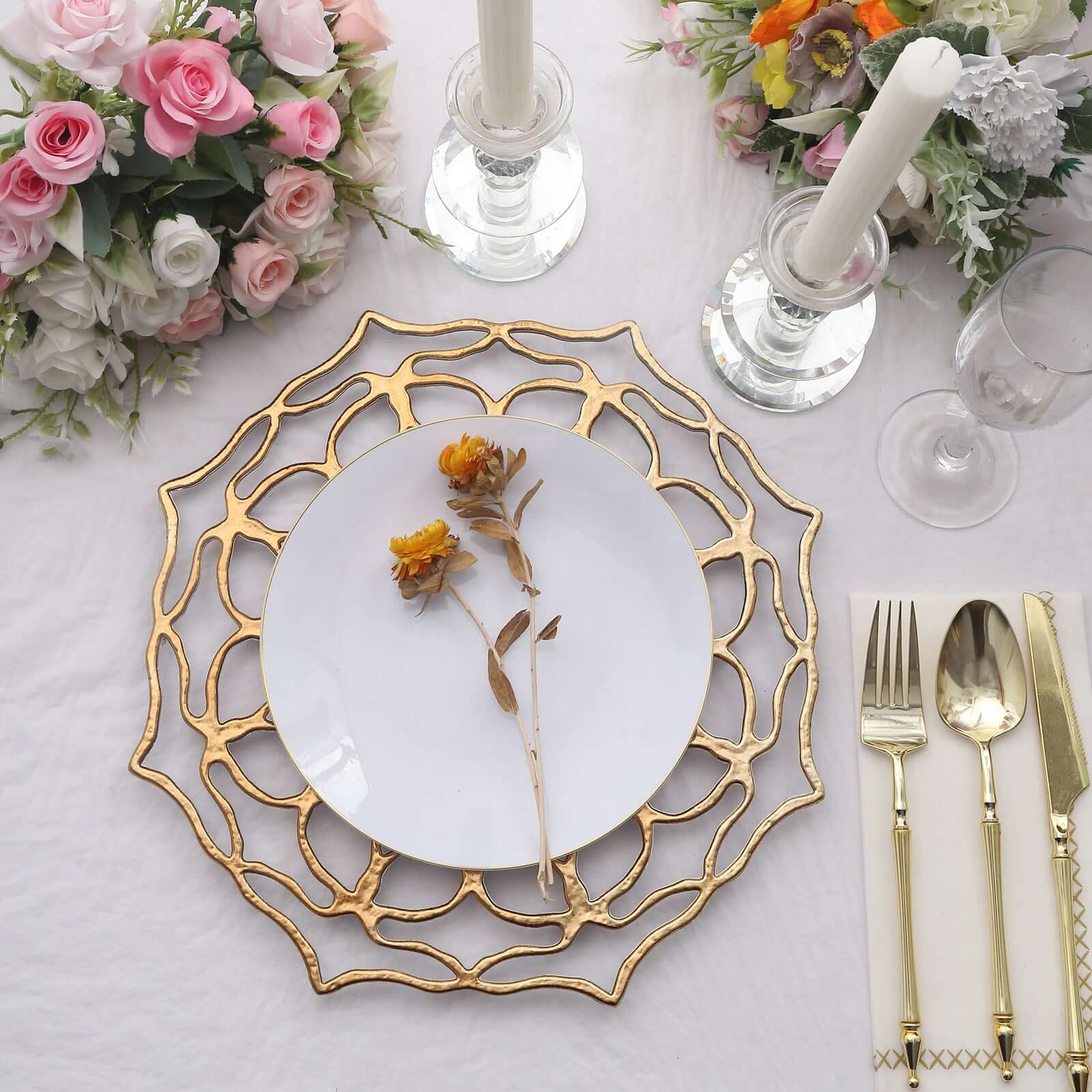 6-Pack Acrylic Round Charger Plates 13 in Gold with Floral Cutout Design, Hollow Flower Plastic Decorative Dinner Party Charger Tableware