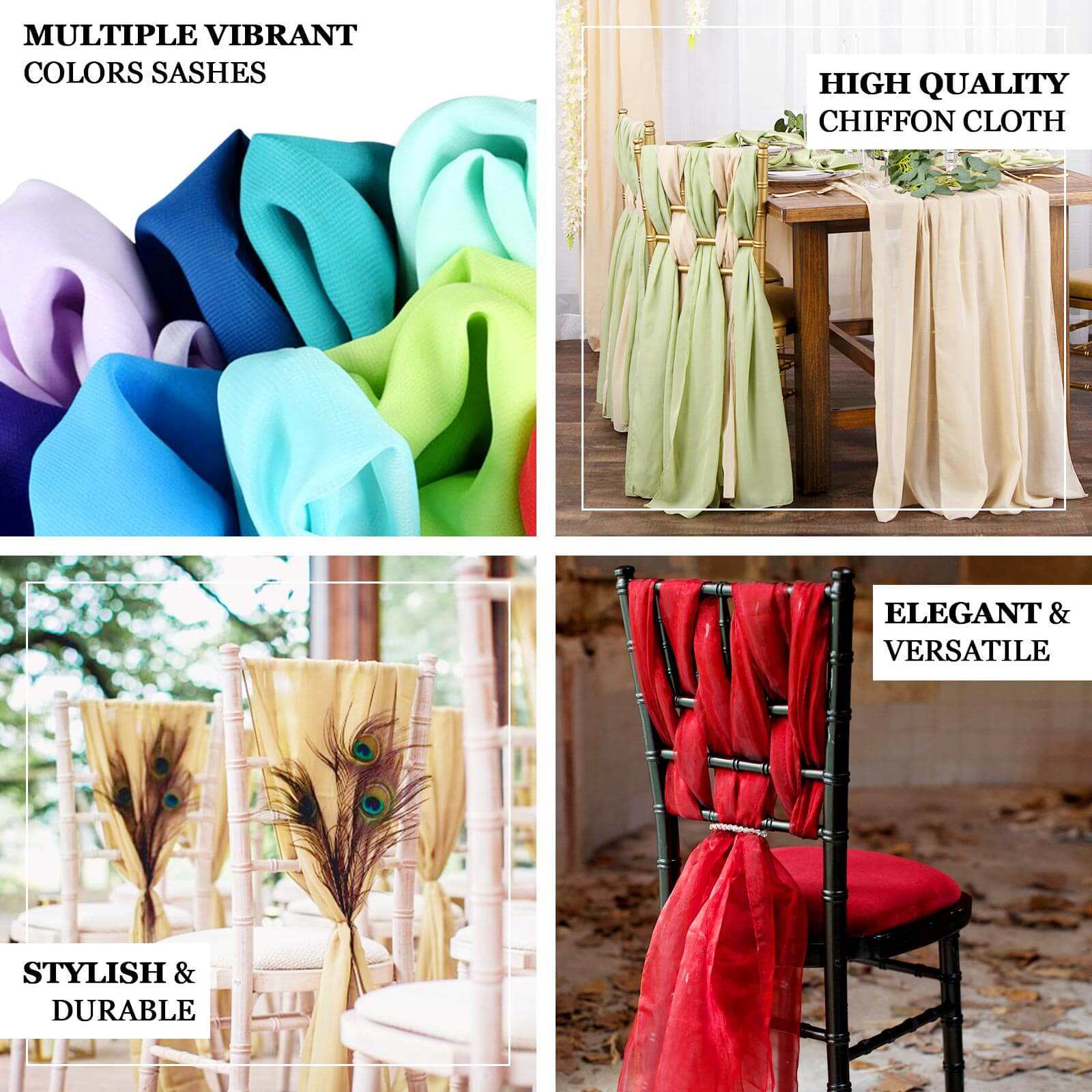 5 Pack Premium Chiffon Chair Sashes Champagne - Soft & Lightweight Designer Chair Bows 22x78