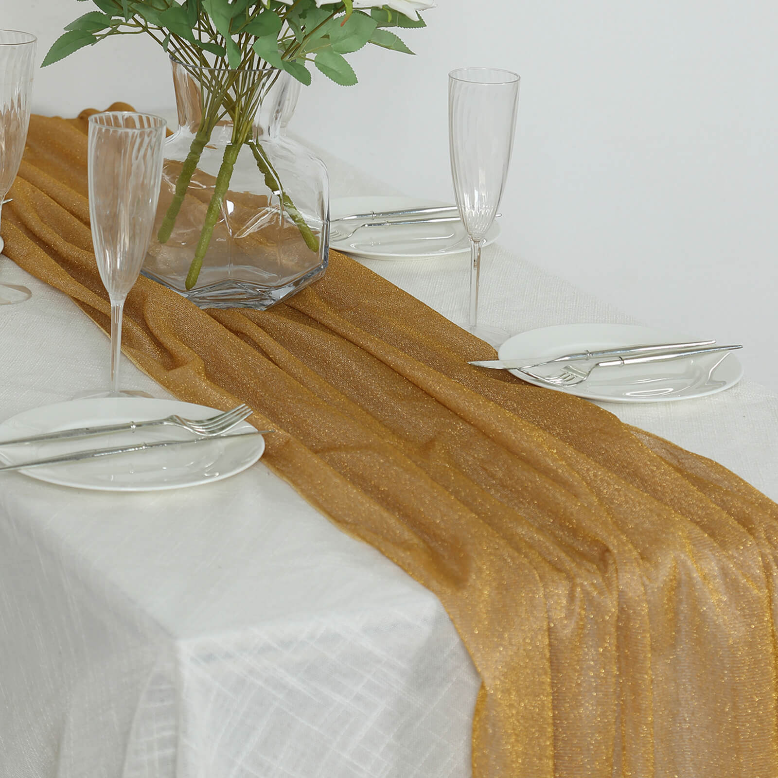 Glitter Gauze 27x120 Table Runner Gold - Sparkling Reusable Wrinkle-Free Sheer Table Linen for Events