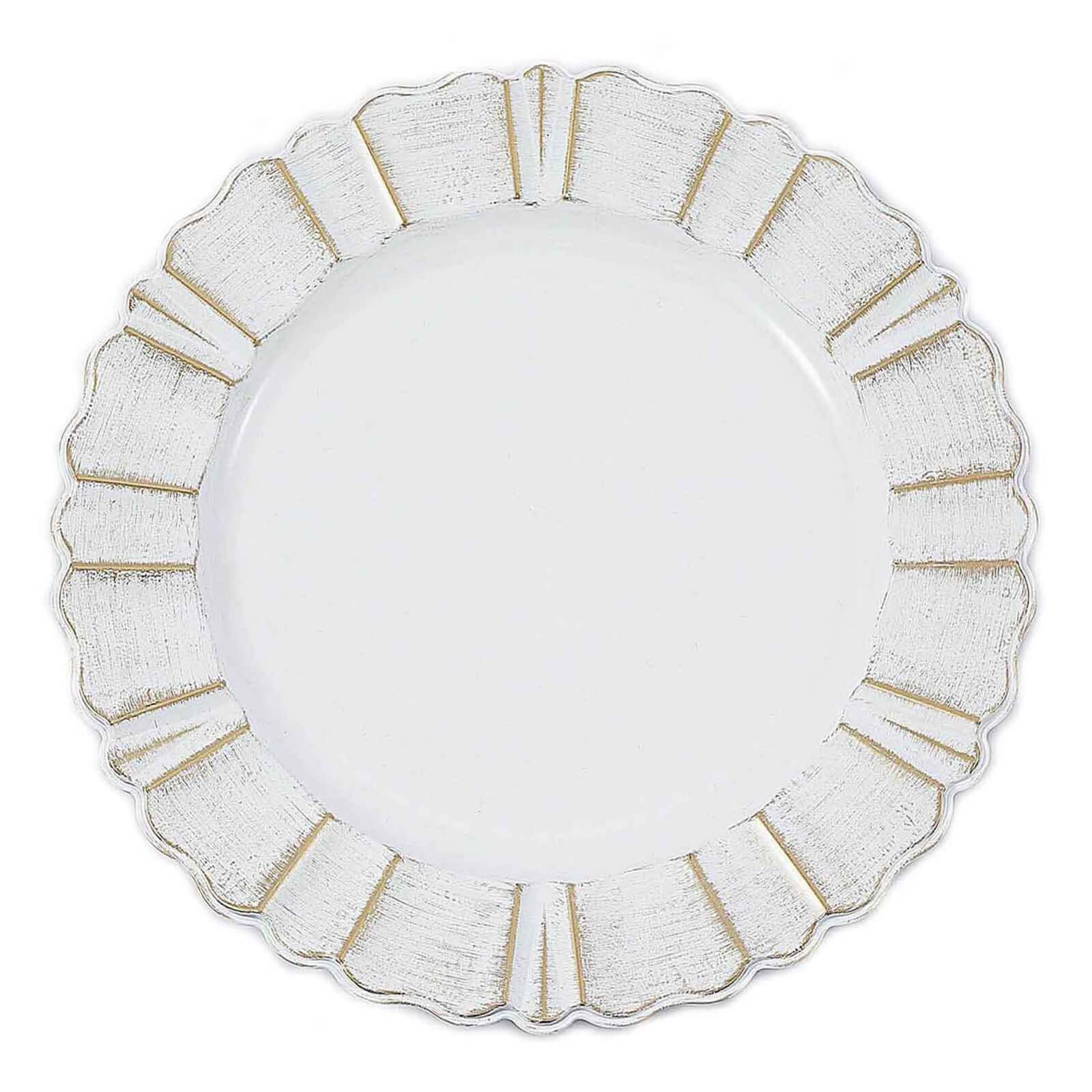 6-Pack Acrylic Plastic Round Charger Plates 13 in White with Gold Brushed Wavy Scalloped Rim, Decorative Dinner Party Charger Tableware