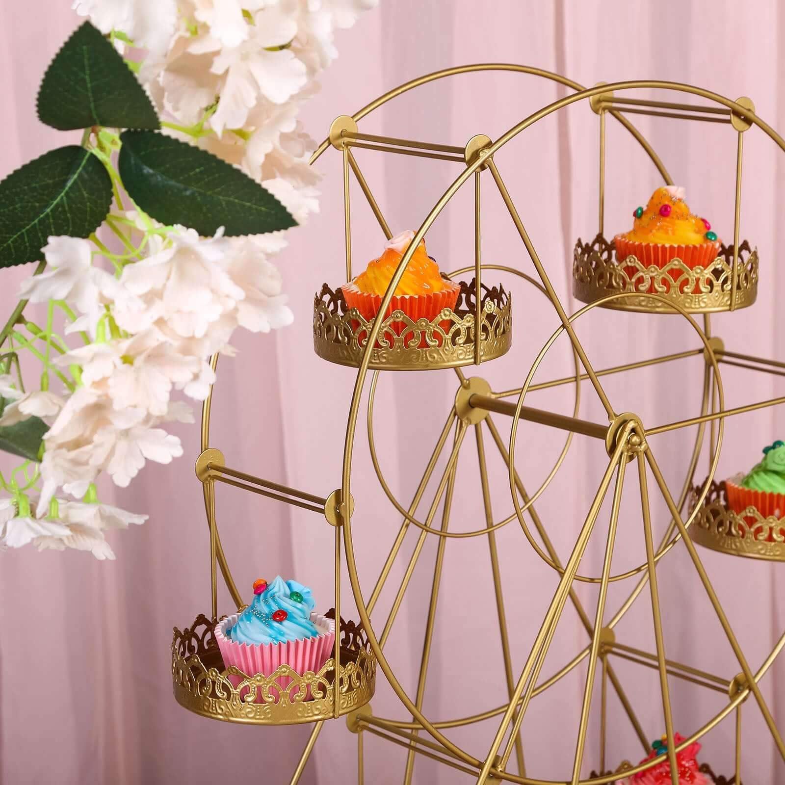 Metal Ferris Wheel Cupcake Holder Gold - Large Decorative Rotating Dessert Display Stand for Carnival-Themed Events Baby Showers & Weddings 23