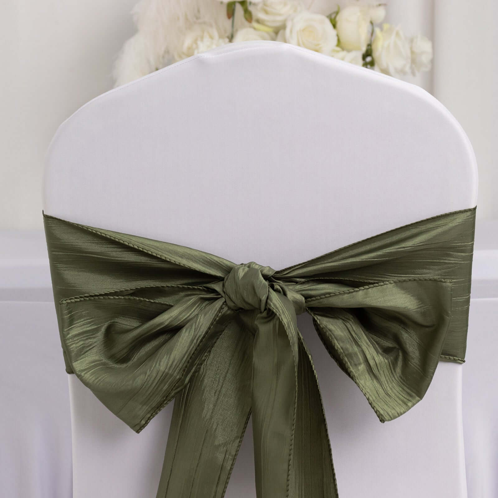 5 Pack Taffeta 6x106 Chair Sashes Dusty Sage Green Accordion Crinkle Texture - Stylish Decor for Weddings & Gatherings