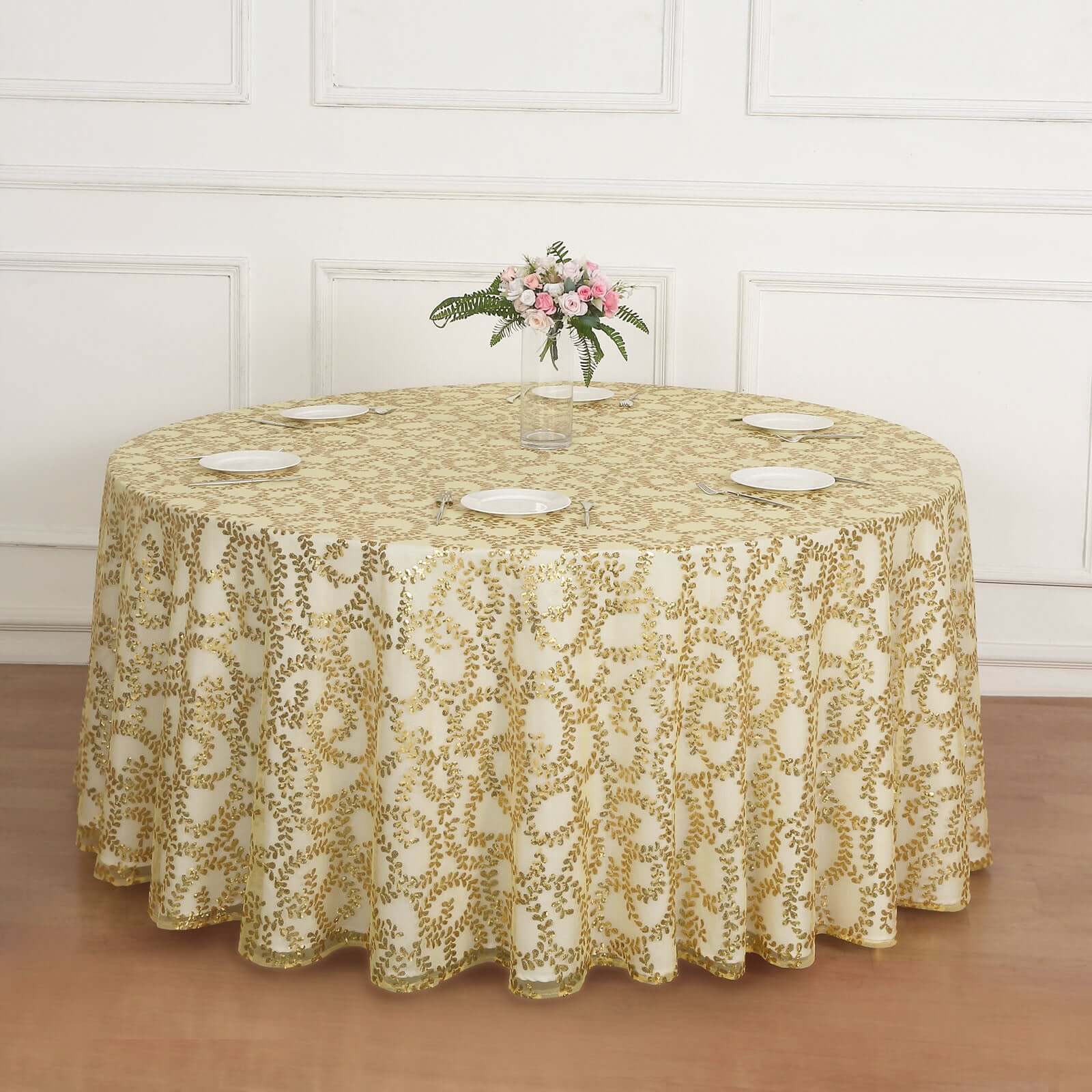 Tulle 120 Round Tablecloth Gold - Seamless Sequin Leaf Embroidered Design for Sophisticated Occasions