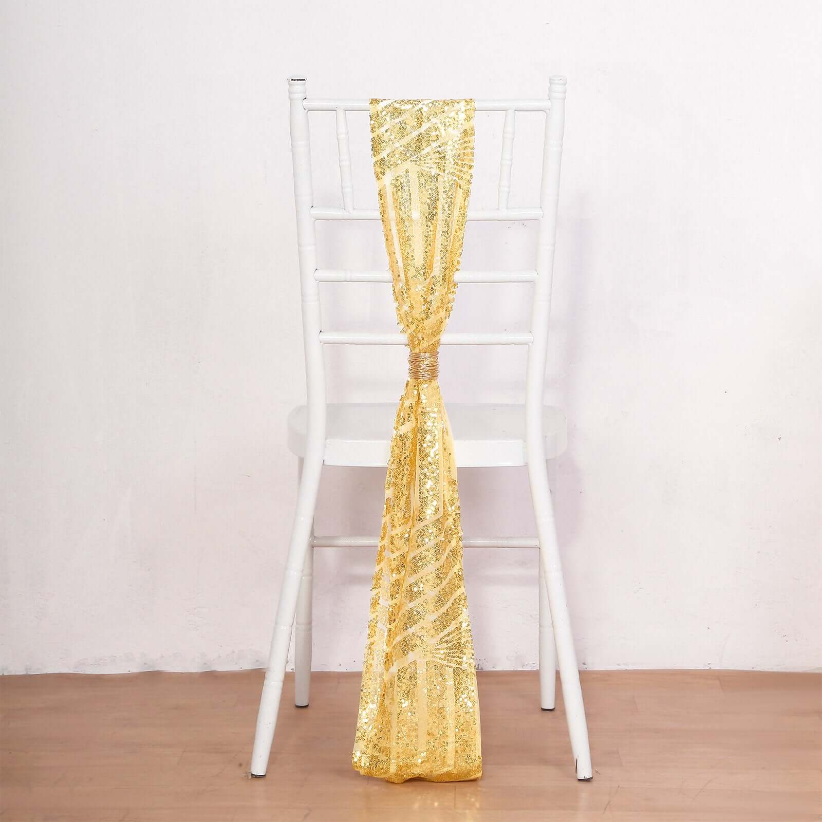 5 Pack Glitz Sequin Chair Sashes with Geometric Diamond Design 6x88 Gold - Glittering Accent for Weddings