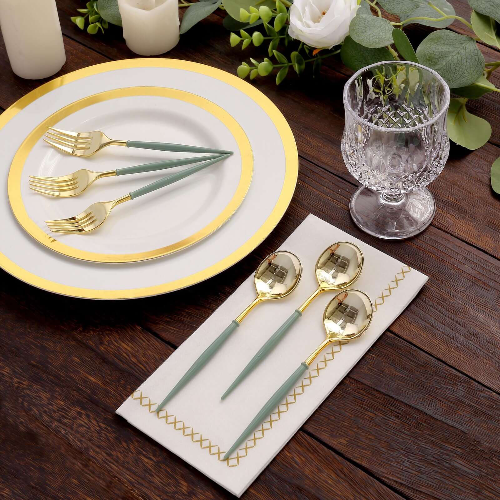 24-Pack Plastic Fork and Spoon Set Metallic Gold/Dusty Sage Green - Heavy Duty Disposable Modern Utensils 6