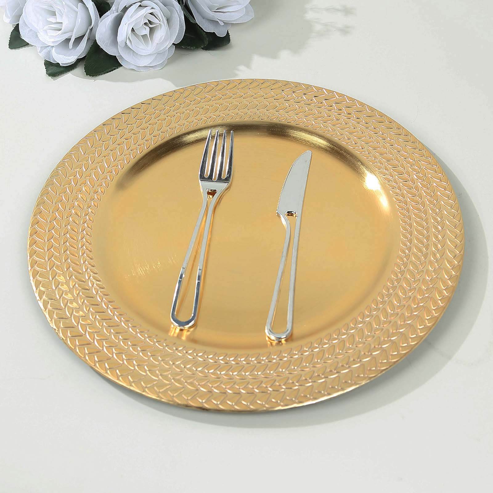 6-Pack Acrylic Round Charger Plates 13 in Gold with Wheat Pattern Rim, Stylish Dinner Party Charger Tableware