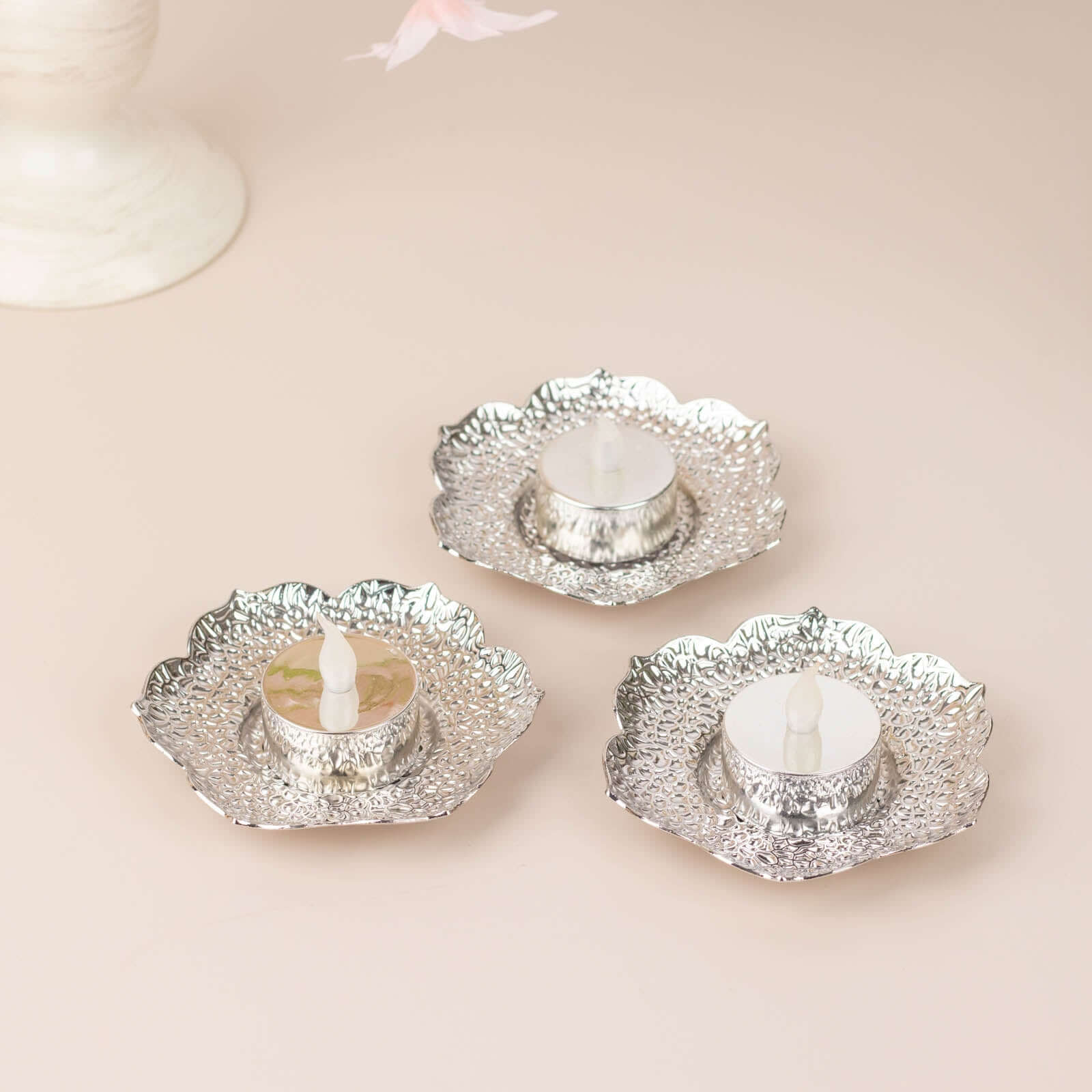 3-Pack Metal Votive Candle Holders Plum Blossom Design Shiny Silver - Vintage Mini Tea Cup Saucers 4