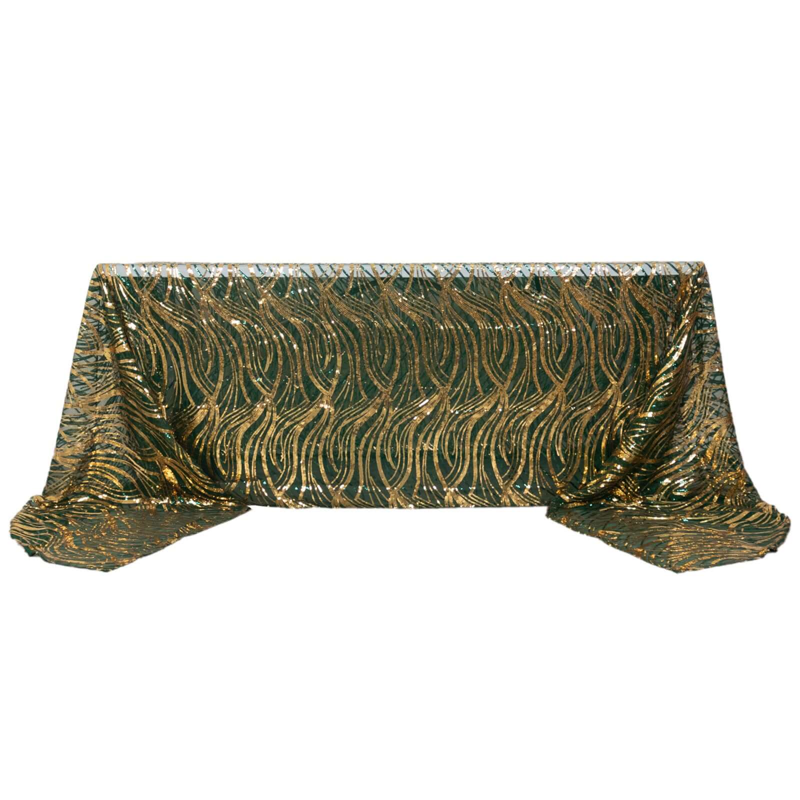 Mesh 90x156 Rectangle Tablecloth Hunter Emerald Green/Gold - Wave Sequin Embroidered Table Cover