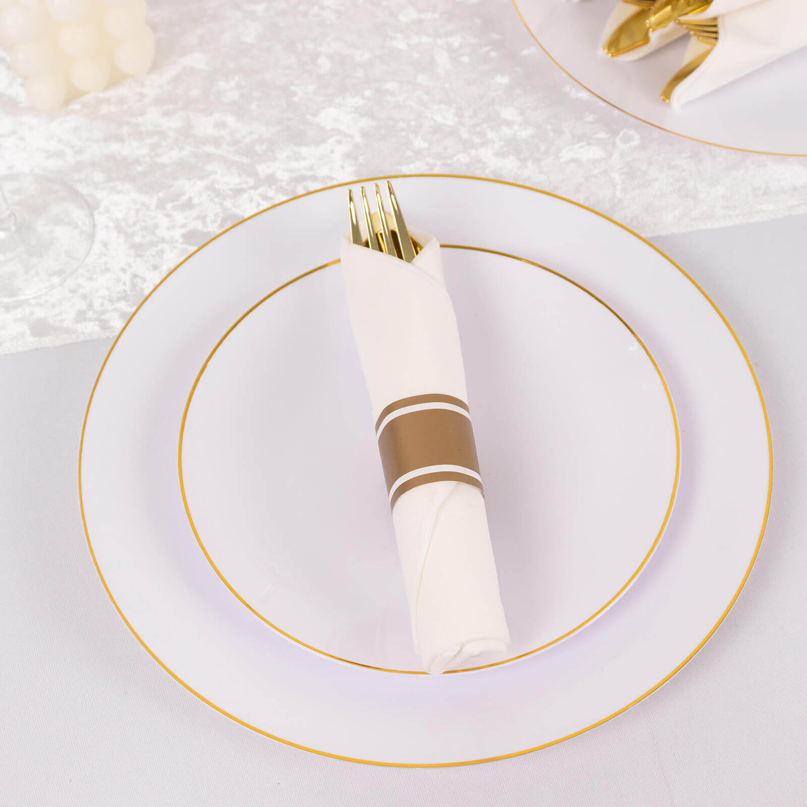 Set of 24 Gold Plastic Silverware with Pre-Rolled White Paper Napkins - Disposable Wrapped Fork, Spoon, and Knife Set