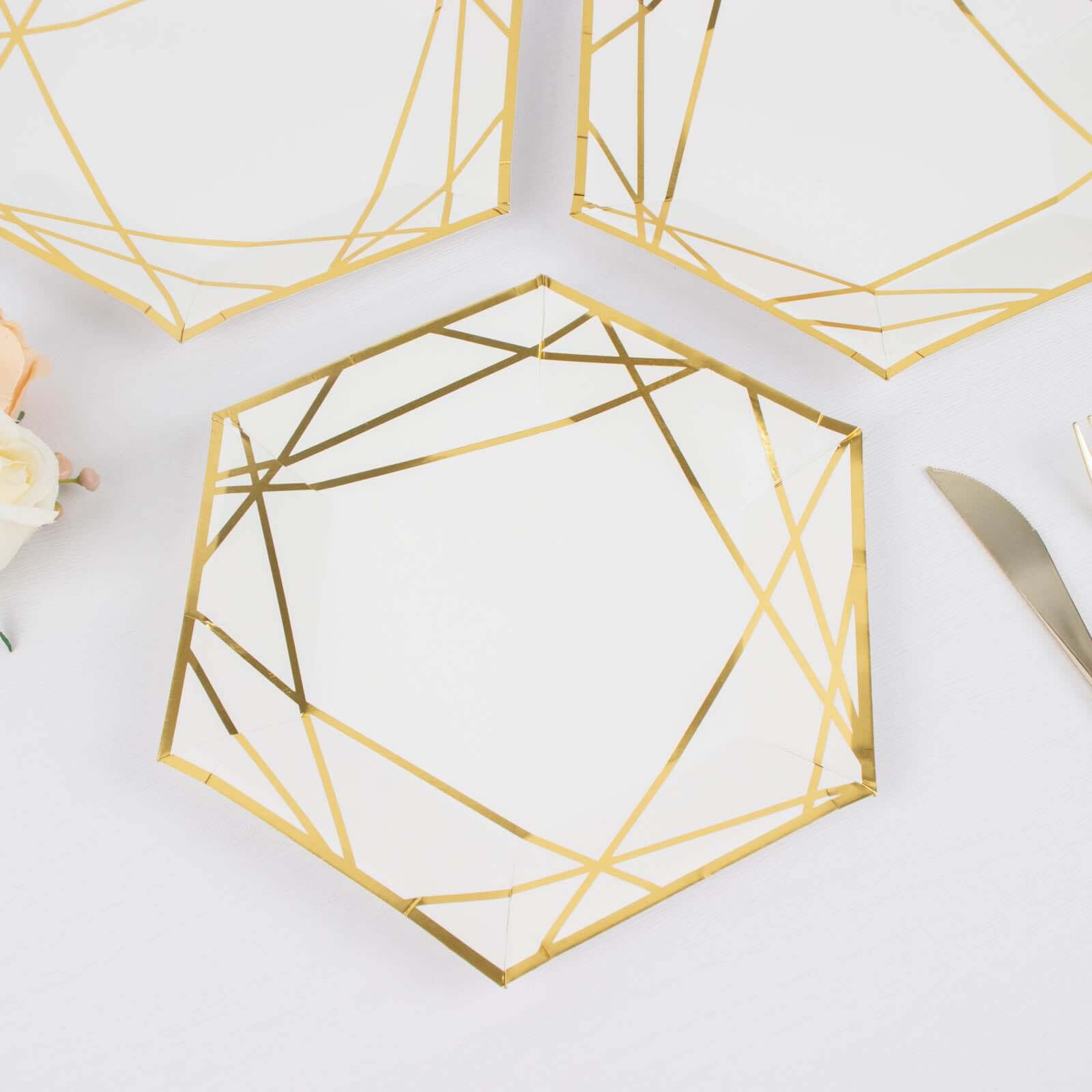 25-Pack Paper 7 Hexagon Dessert Plates in White with Gold Geometric Lines & Rim - Stylish Disposable Geometric 300GSM Appetizer Salad Plates for Events & Banquets