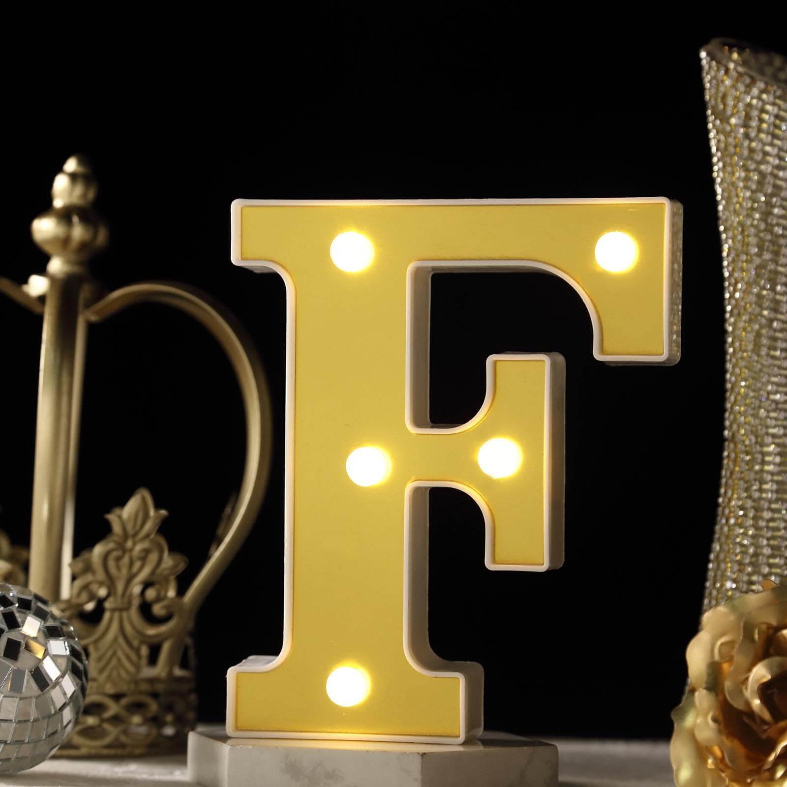 3D Marquee Letter F Warm White 5 LED Lights Gold - Chic Light-Up Decor for Events 6