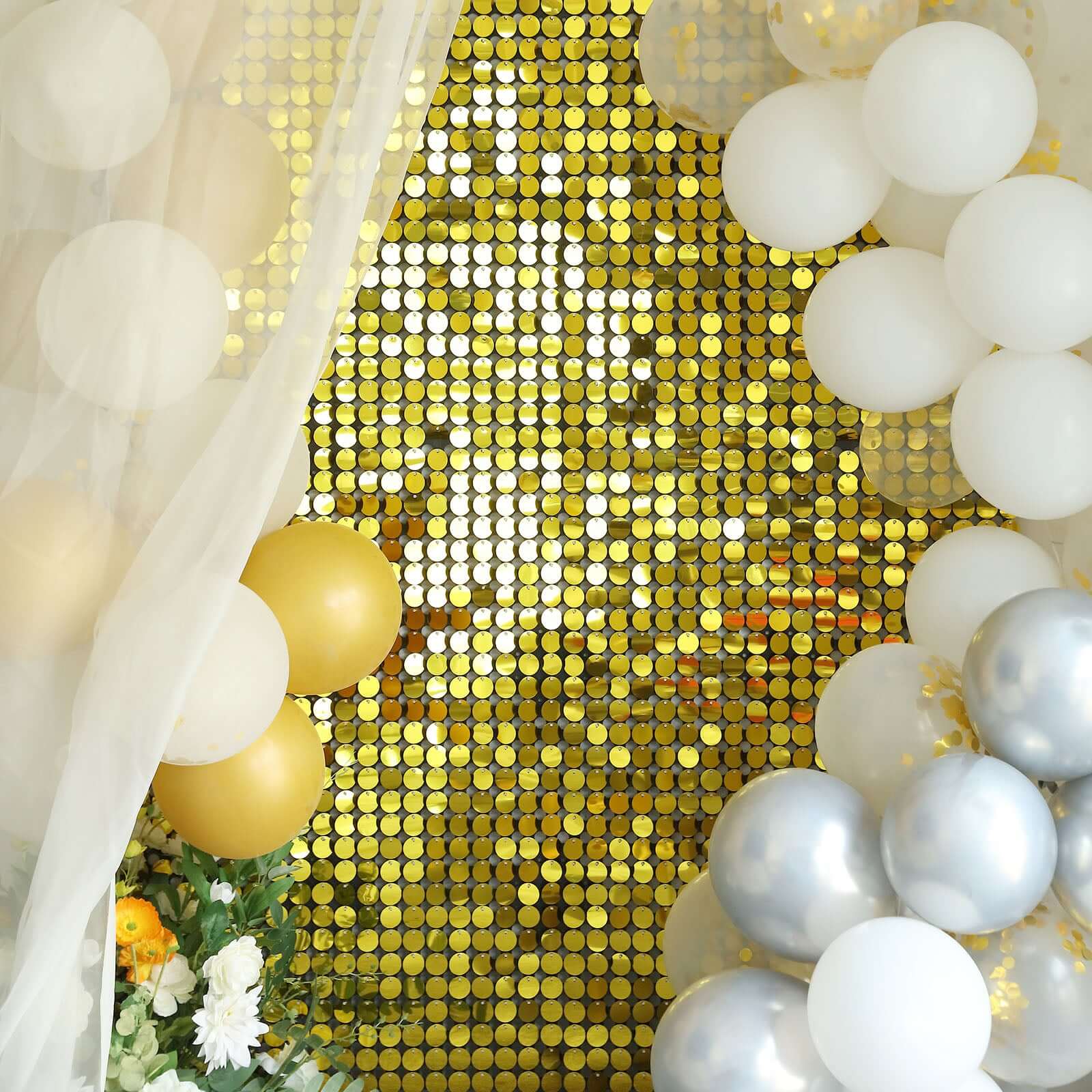 10sq.ft Shiny Gold Round Sequin Shimmer Wall Party Photo Backdrop, Active Spangle Wall Art Décor Panels - 10 Panels