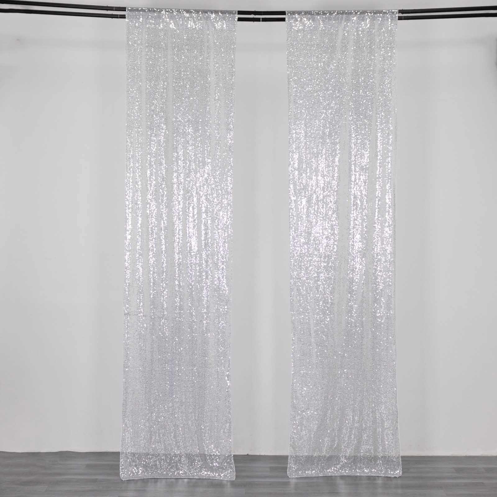 2 Pack Silver Sequin Event Curtain Drapes with Rod Pockets, Seamless Backdrop Event Panels - 8ftx2ft