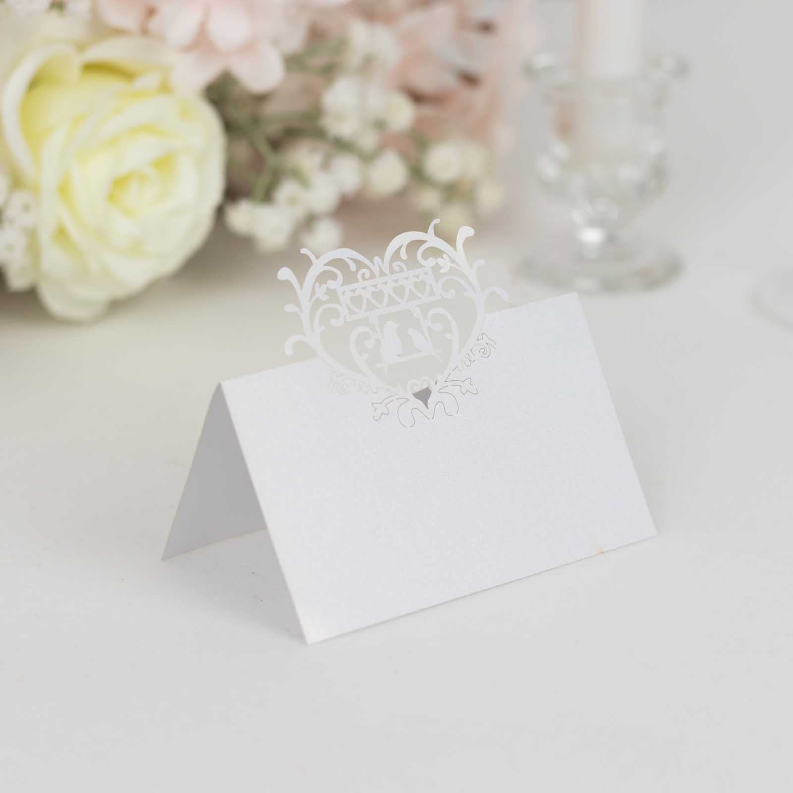 50-Pack Wedding Place Cards with Laser Cut Hollow Heart Design White - Printable Reservation Seating Tent Cards 210 GSM