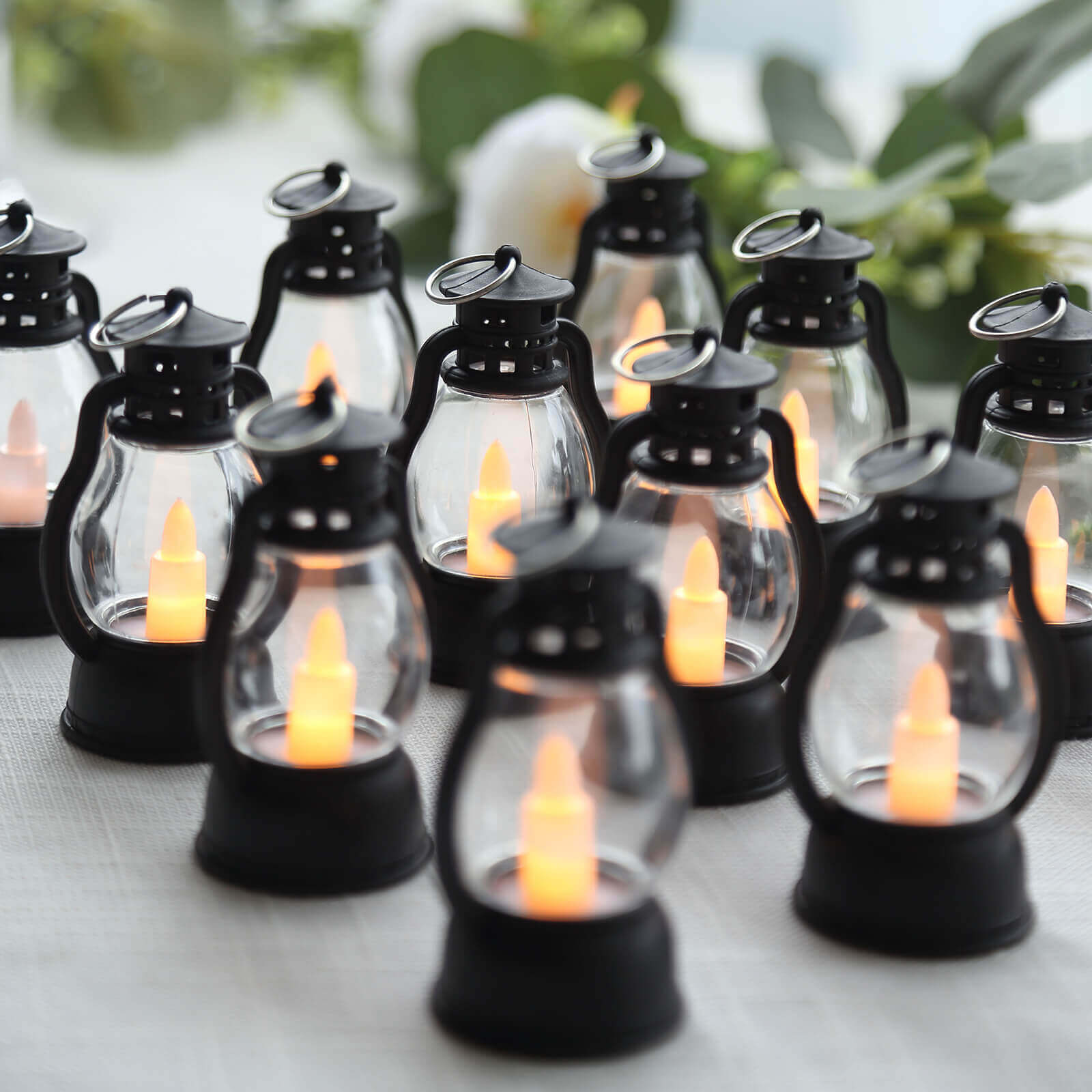 12-Pack LED Flickering Decorative Lights Vintage Black - Battery Operated Mini Hanging Lanterns 3.5