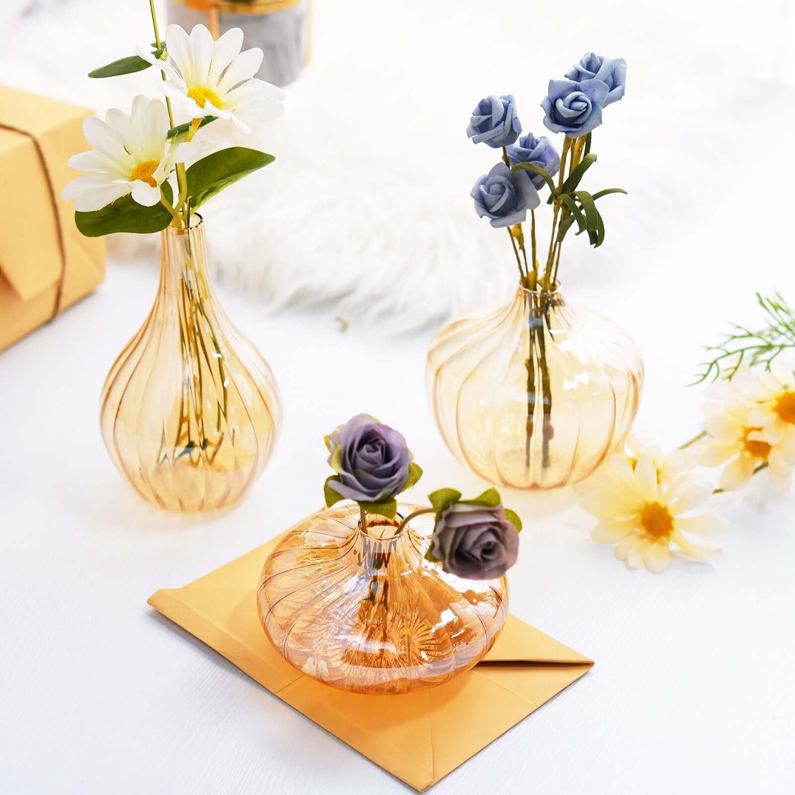 Set of 3 Gold Glass Ribbed Design Mini Flower Bud Vases, Table Centerpiece Set - Assorted Sizes