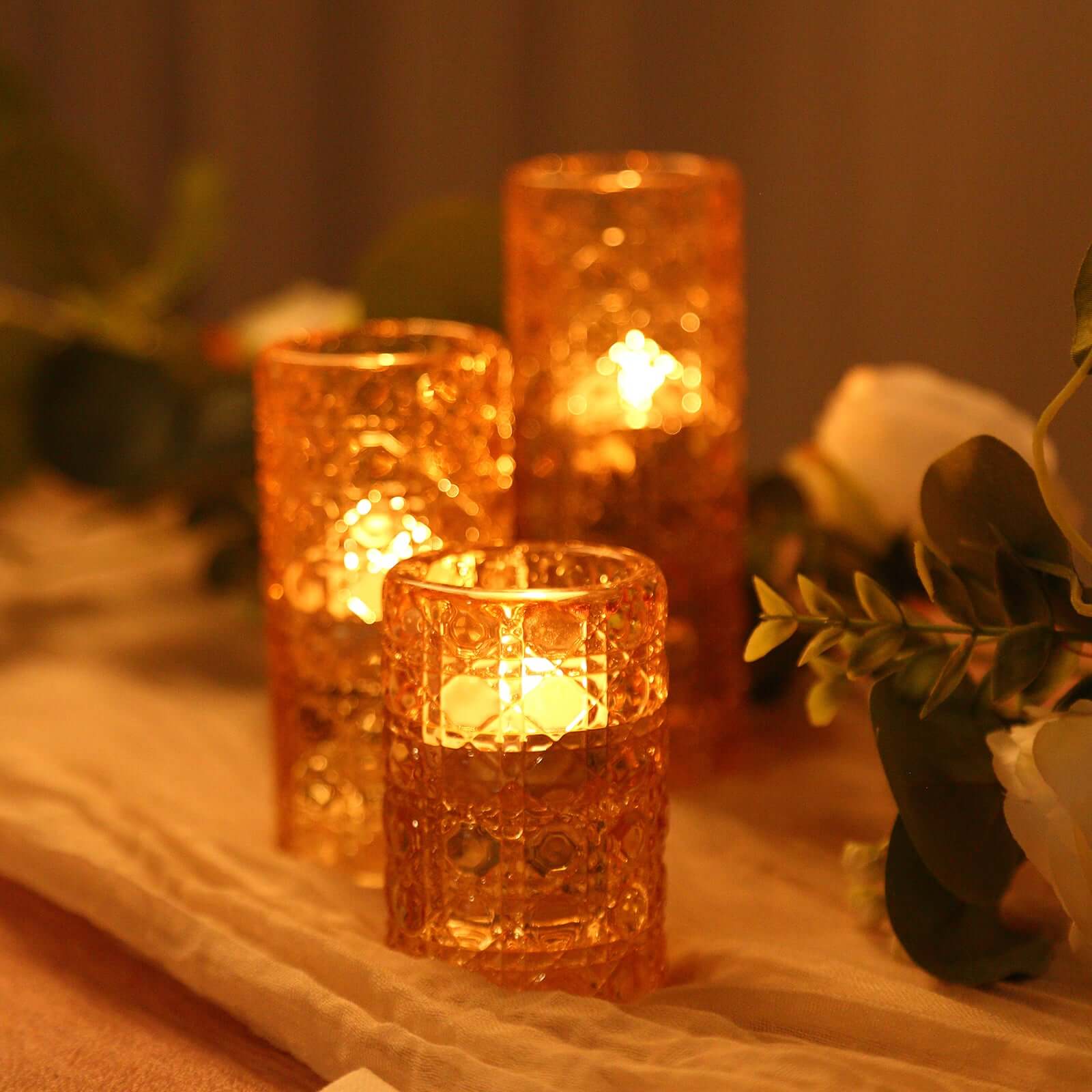 Set of 3 Glass Taper Candle Holders Amber Gold with Gemstone Pattern - Dual Sided Crystal Cylinder Tealight Stands 3, 4, 5.5