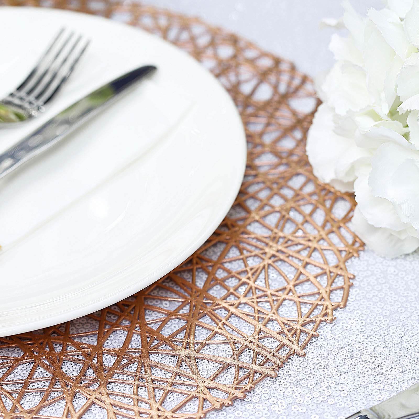 6-Pack Vinyl Placemats Rose Gold Woven Design - Durable Non-Slip Round Table Mats for Dining 15