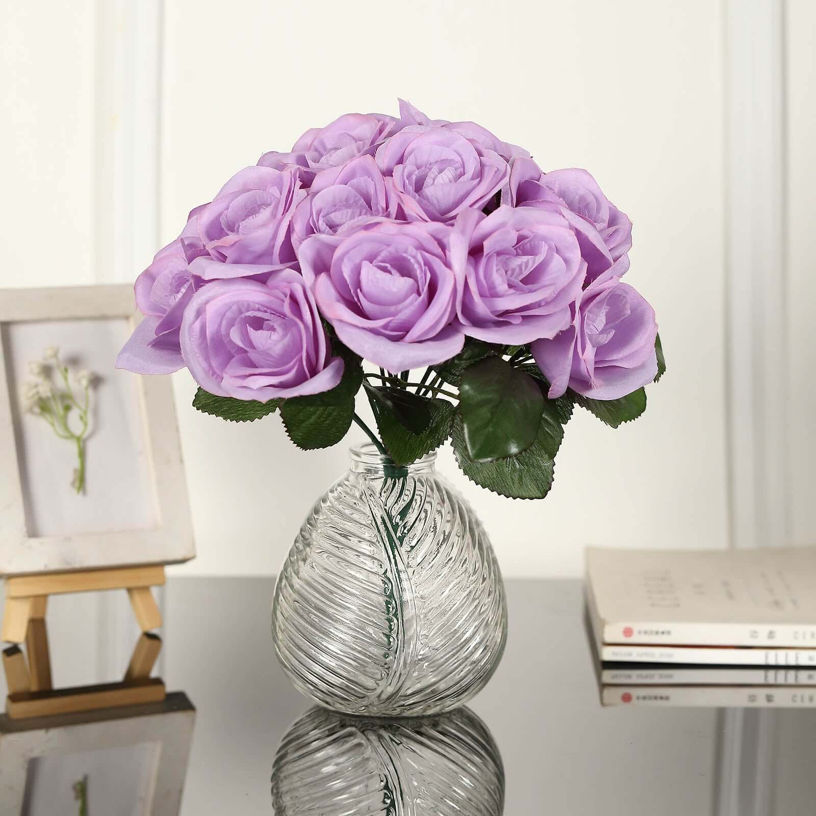 12 Lavender Lilac Artificial Velvet-Like Fabric Rose Flower Bouquet Bush