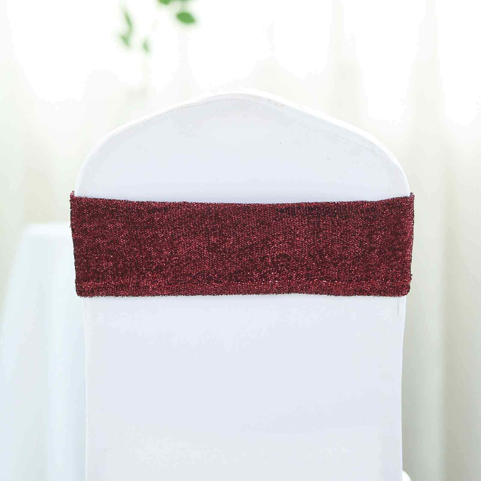 5 Pack Metallic Shimmer Tinsel Spandex Chair Sashes Burgundy - Durable and Reusable Stretch Chair Bands