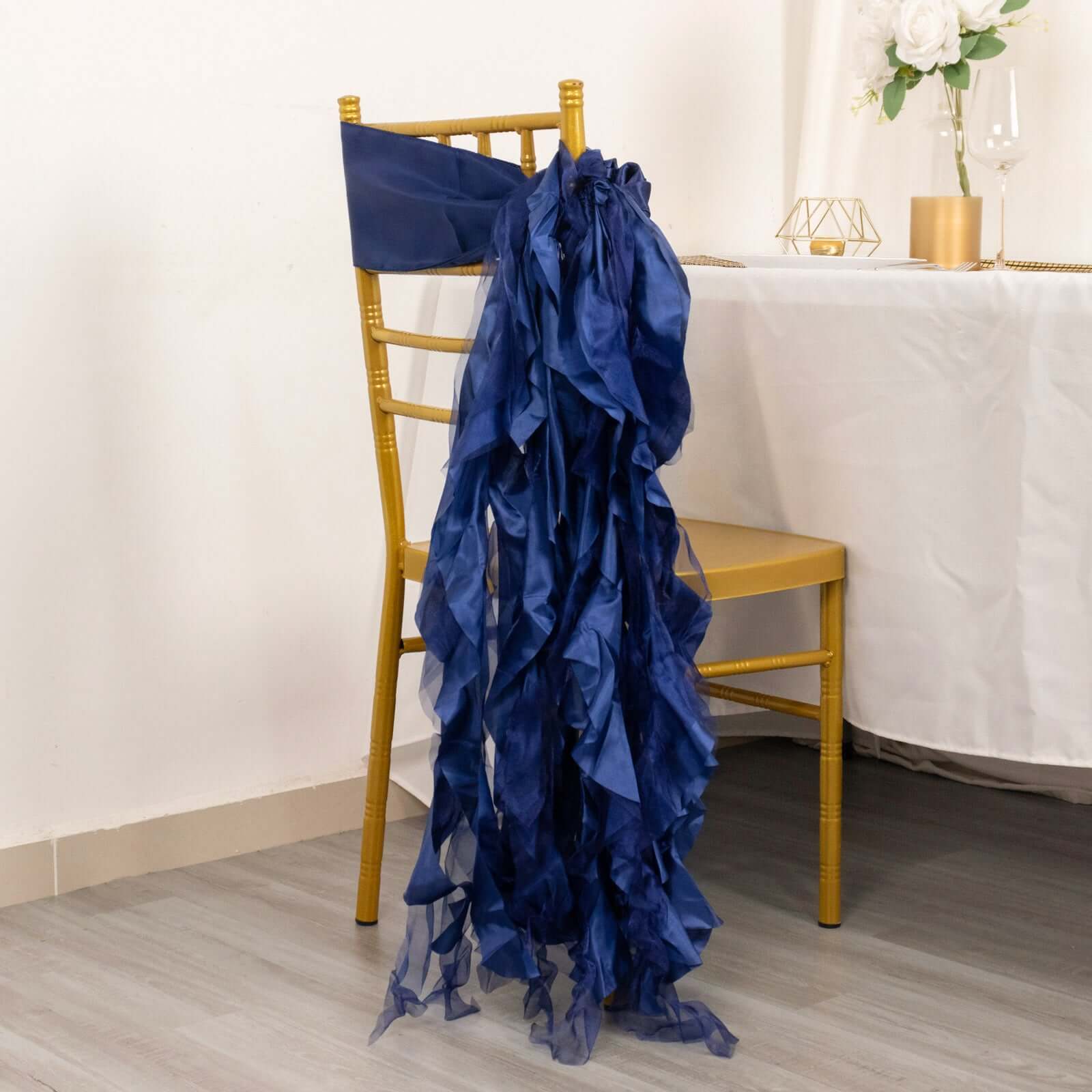 5 Pack Chiffon Satin Chair Sashes Navy Blue - Easy to Install Ruffled Curly Willow