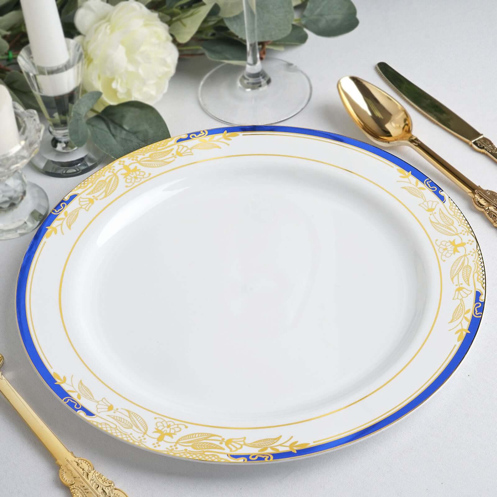 10-Pack Plastic 10 Round Dinner Plates in White with Royal Blue Rim - Stylish Gold Vine Design Disposable Party Plates for Special Occasions & Celebrations