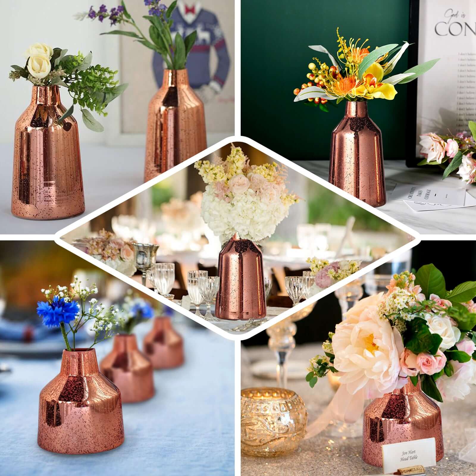 2-Pack Mercury Glass Vases Vessel Design Rose Gold - Stylish Flower Centerpieces for Events 8