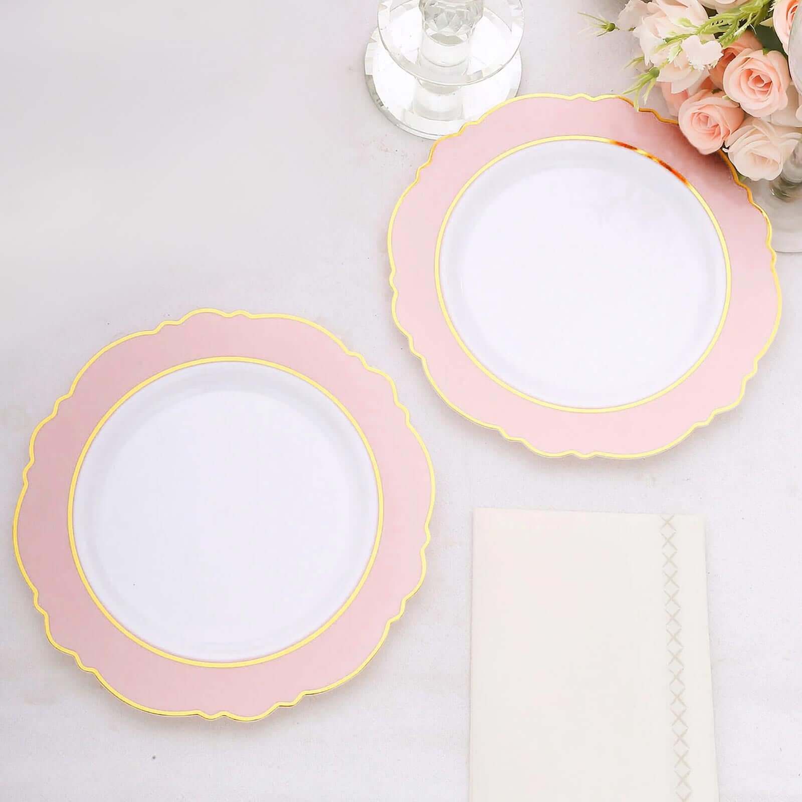 10-Pack Plastic 8 Round Dessert Plates in White with Blush Blossom Design & Gold Edging - Disposable Salad Appetizer Plates