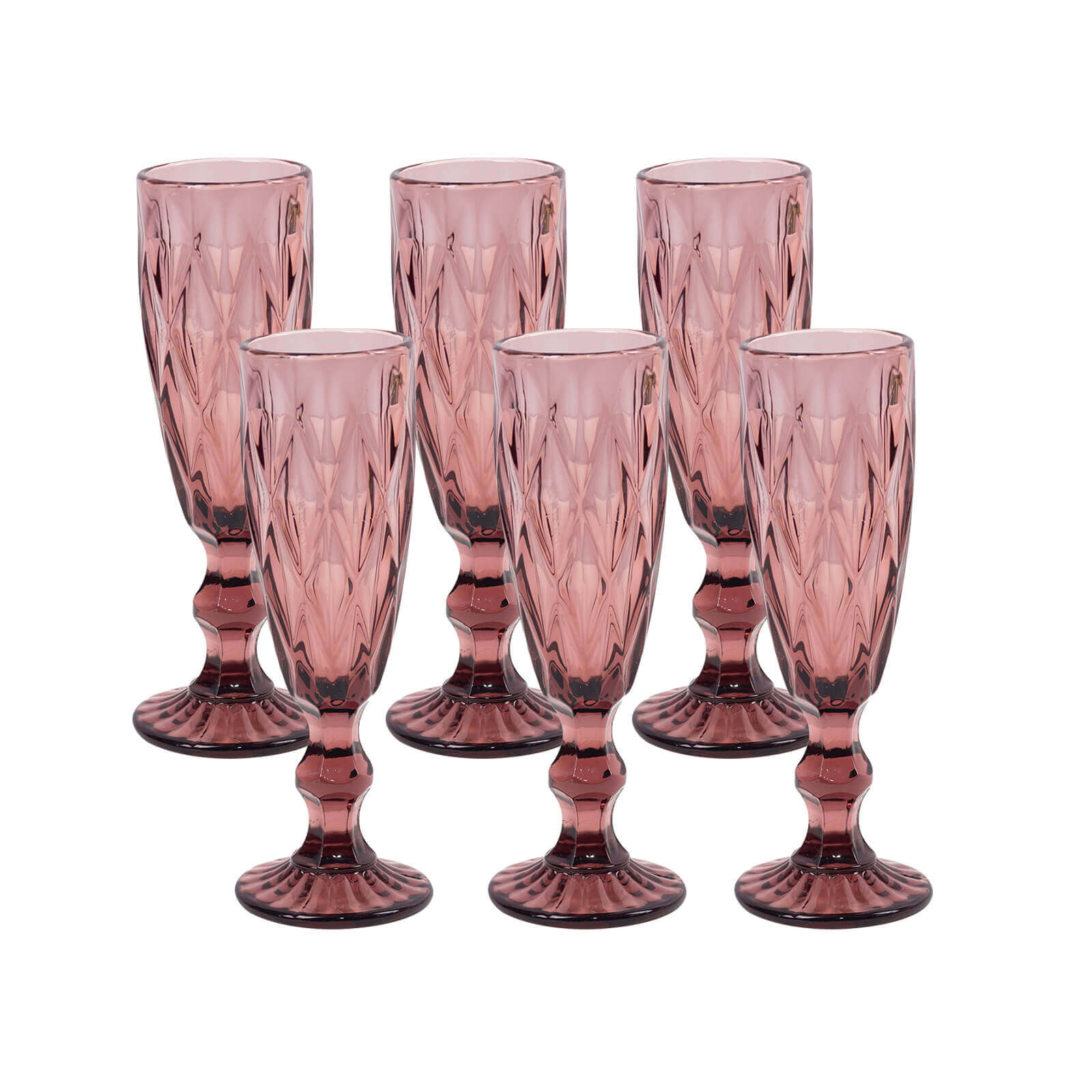 6-Pack Champagne Flute Glasses Transparent Dusty Rose Textured Crystal Cut Design - Chic Wine Goblets for Parties & Events 6oz 8