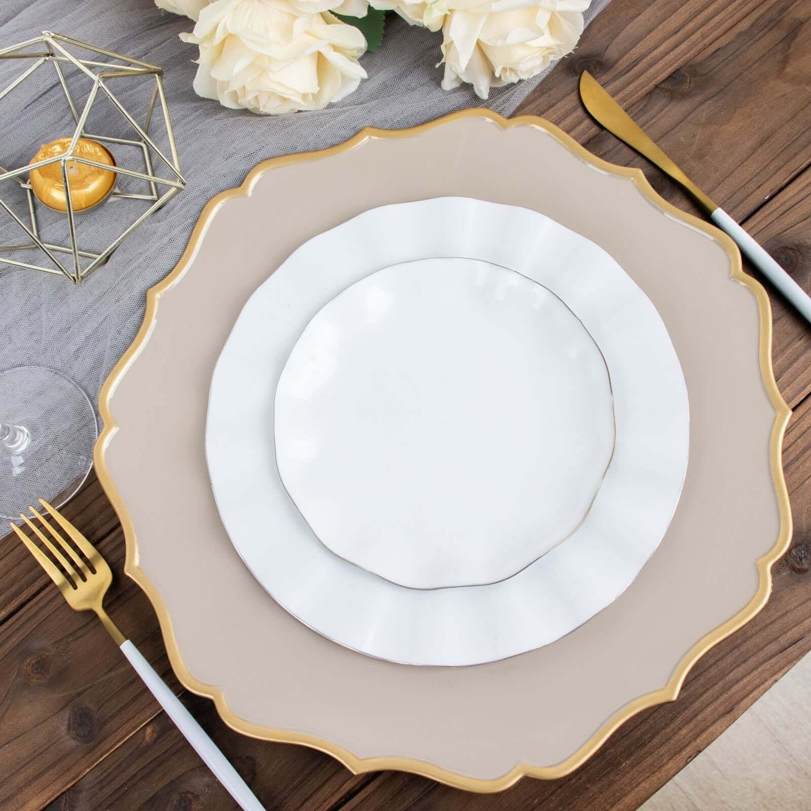 6-Pack Acrylic Round Charger Plates 13 in Taupe with Gold Scalloped Rim, Decorative Dinner Party Plastic Charger Tableware