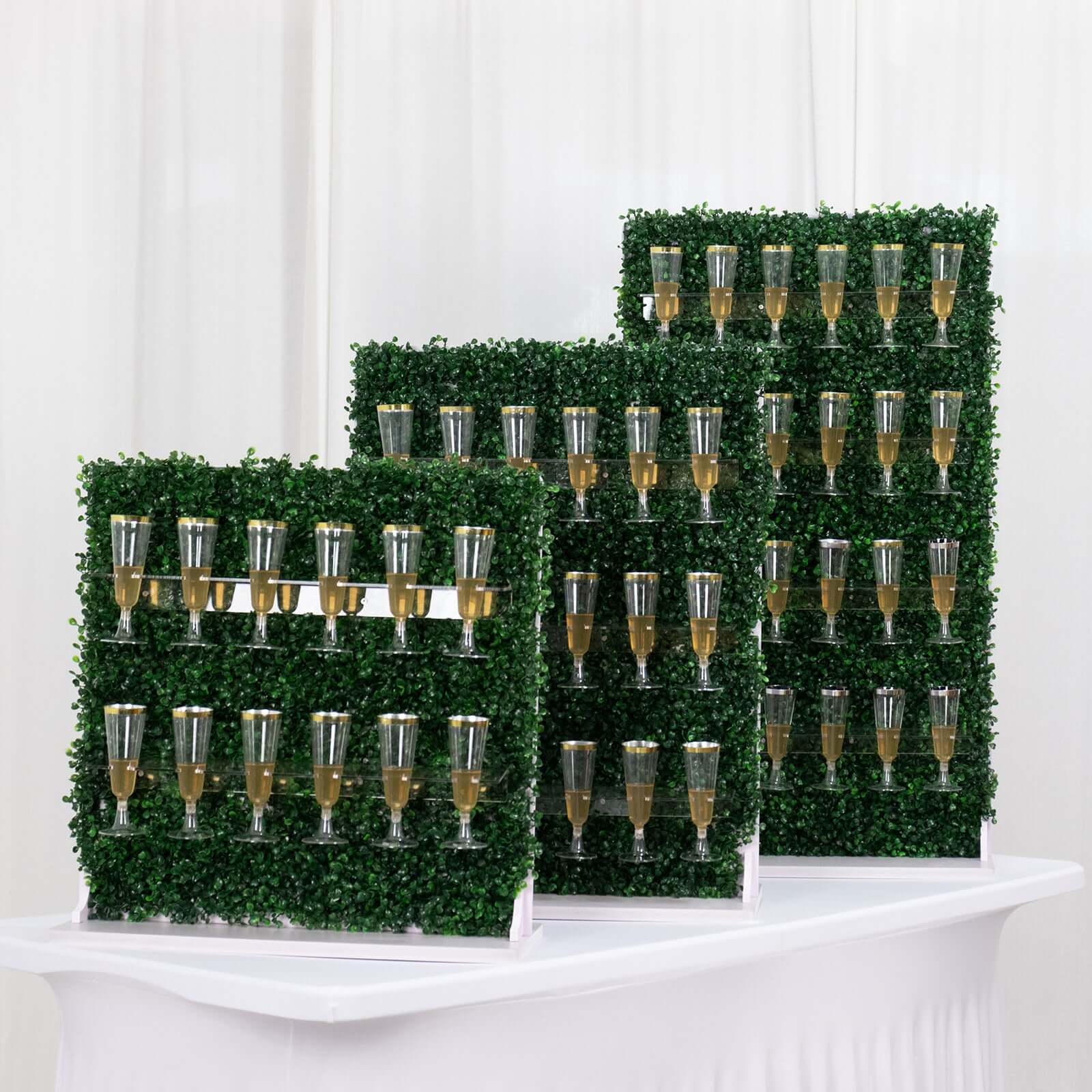 Set of 3 Champagne Wall Glass Holder Green - Tiered Faux Boxwood Stemware Rack Cocktail Display Drink Organizer for Classy Events & Banquets 24, 33, 42