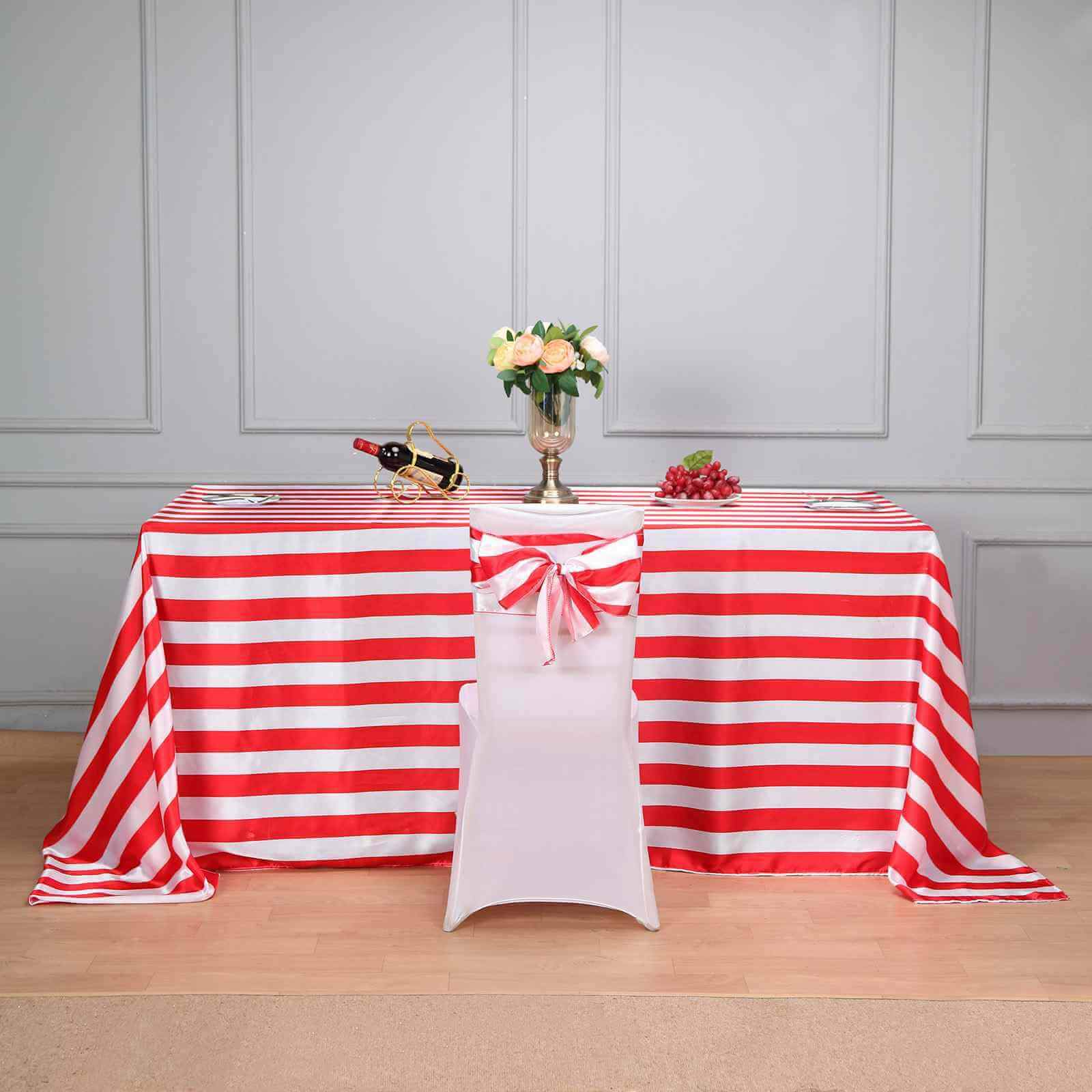 5 Pack Satin 6x108 Chair Sashes Red/White Stripes - Sophisticated Decor for Weddings & Gatherings