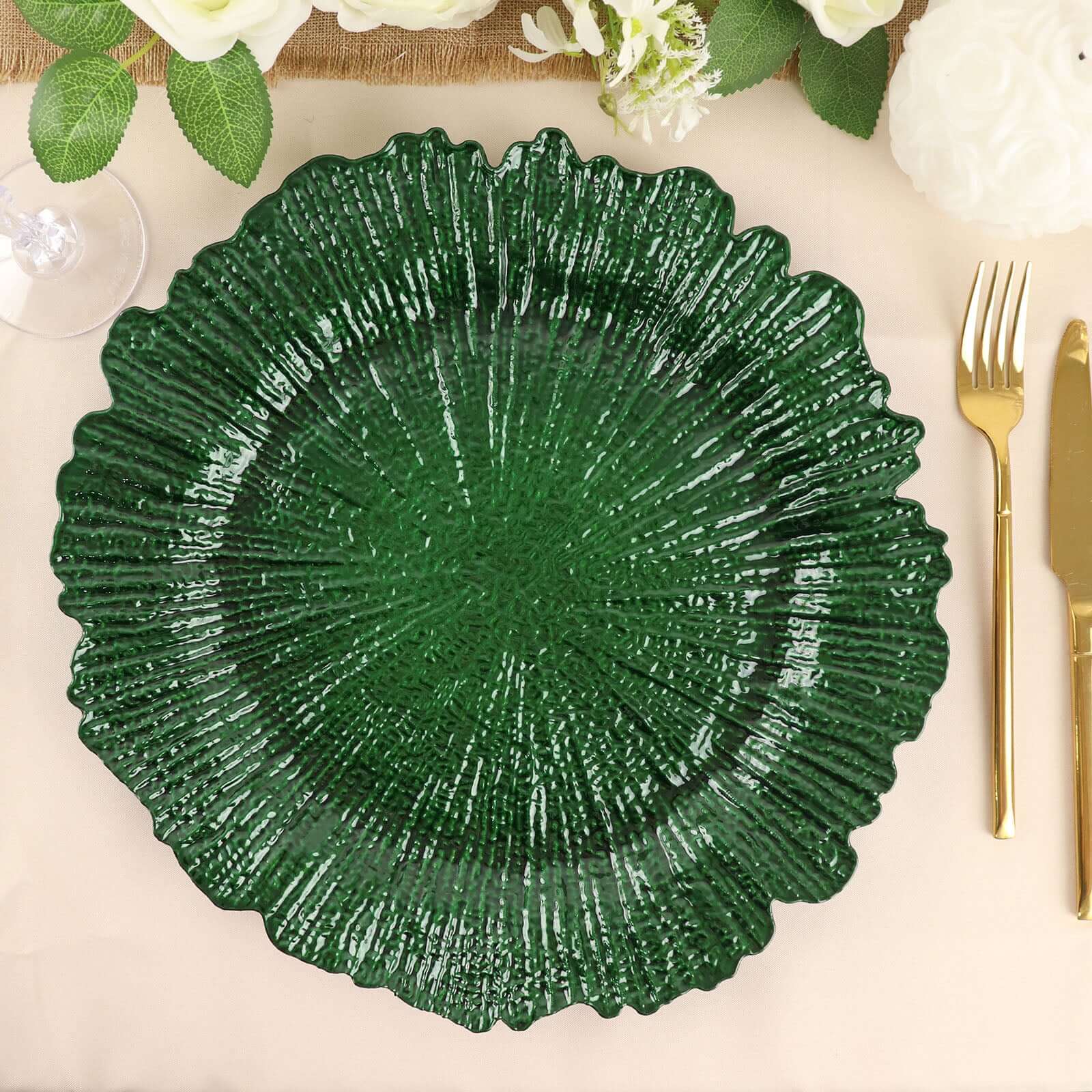 6-Pack Acrylic Plastic Round Charger Plates 13 in Hunter Emerald Green with Reef Design, Dinner Charger Tableware