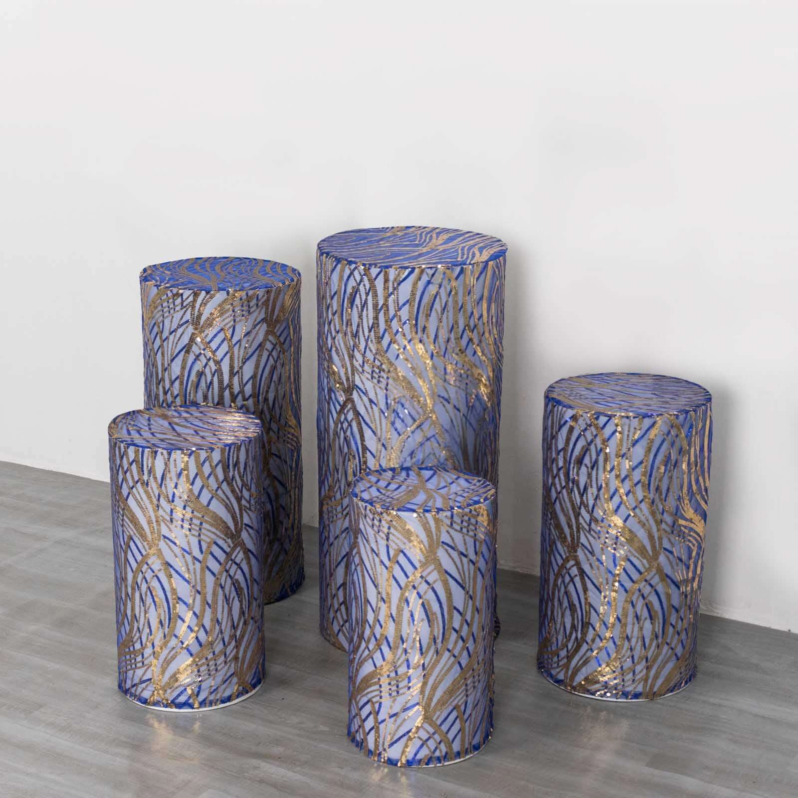 Set of 5 Royal Blue Wave Mesh Cylinder Pedestal Stand Covers with Embroidered Sequins, Pillar Prop Covers - 160 GSM