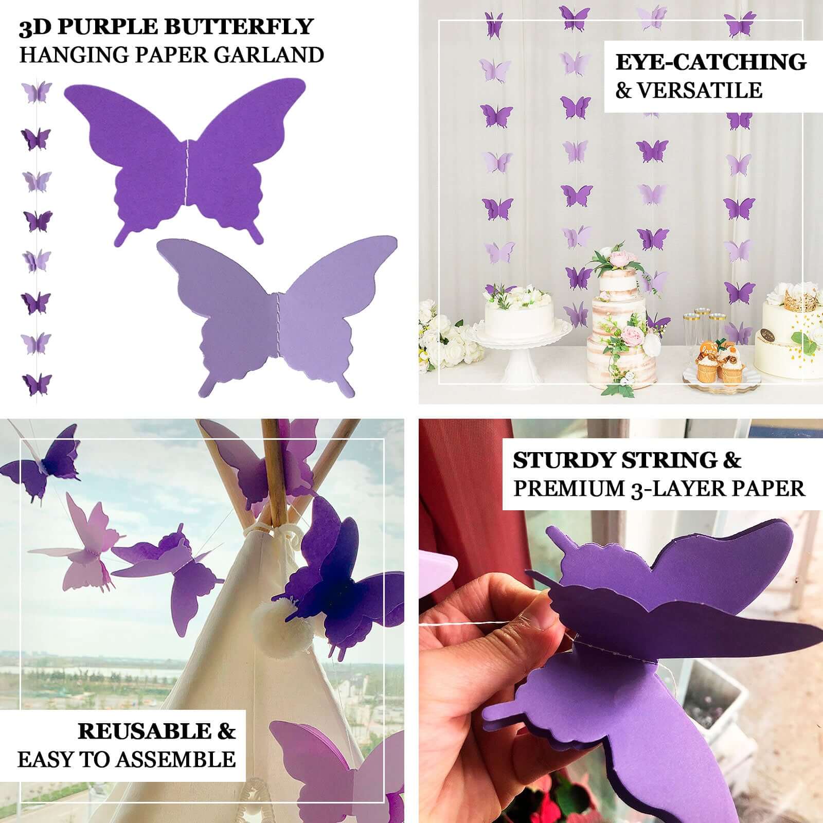 2 Pack 9ft Purple 3D Paper Butterfly Hanging Garland Streamers, Party String Banners