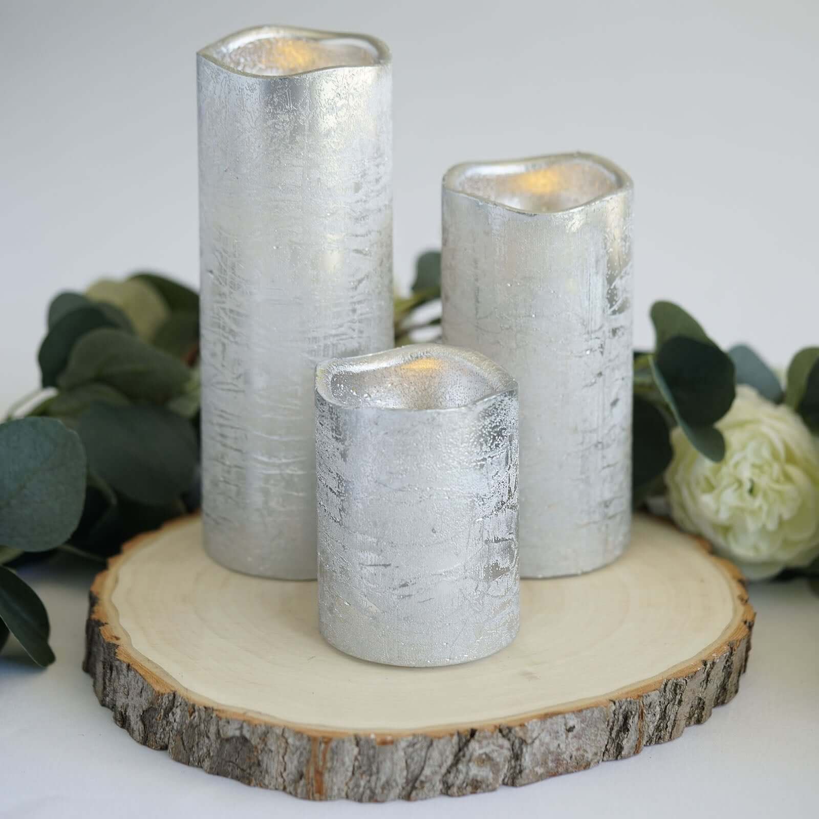 Set of 3 LED Flameless Pillar Candles Remote Operated Metallic Silver - Battery Powered 4, 6, 8