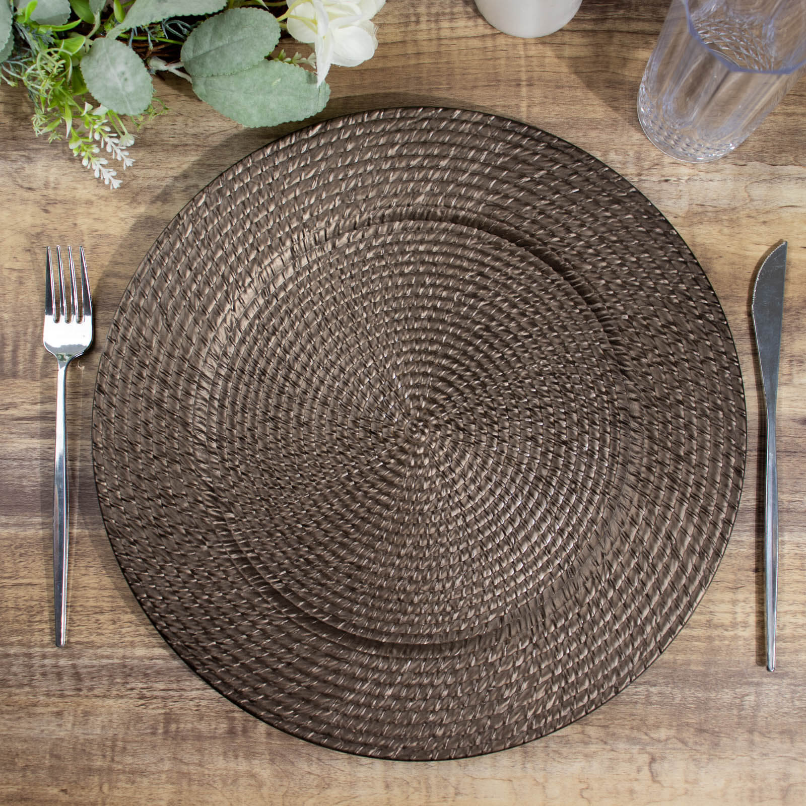 6-Pack Acrylic Round Charger Plates 13 in Natural Brown with Rattan-Like Design, Farmhouse Disposable Plastic Charger Tableware