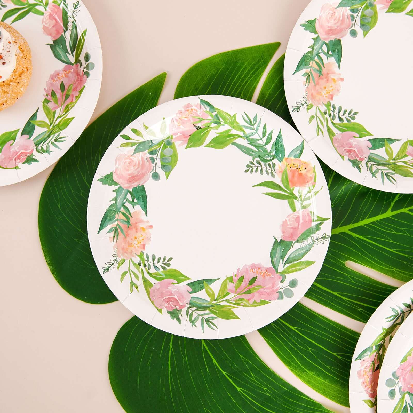 25-Pack Paper 7 Round Dessert Plates in White with Rose/Peony Flower Wreath - Disposable Appetizer Salad Plates for Special Occasions & Gatherings