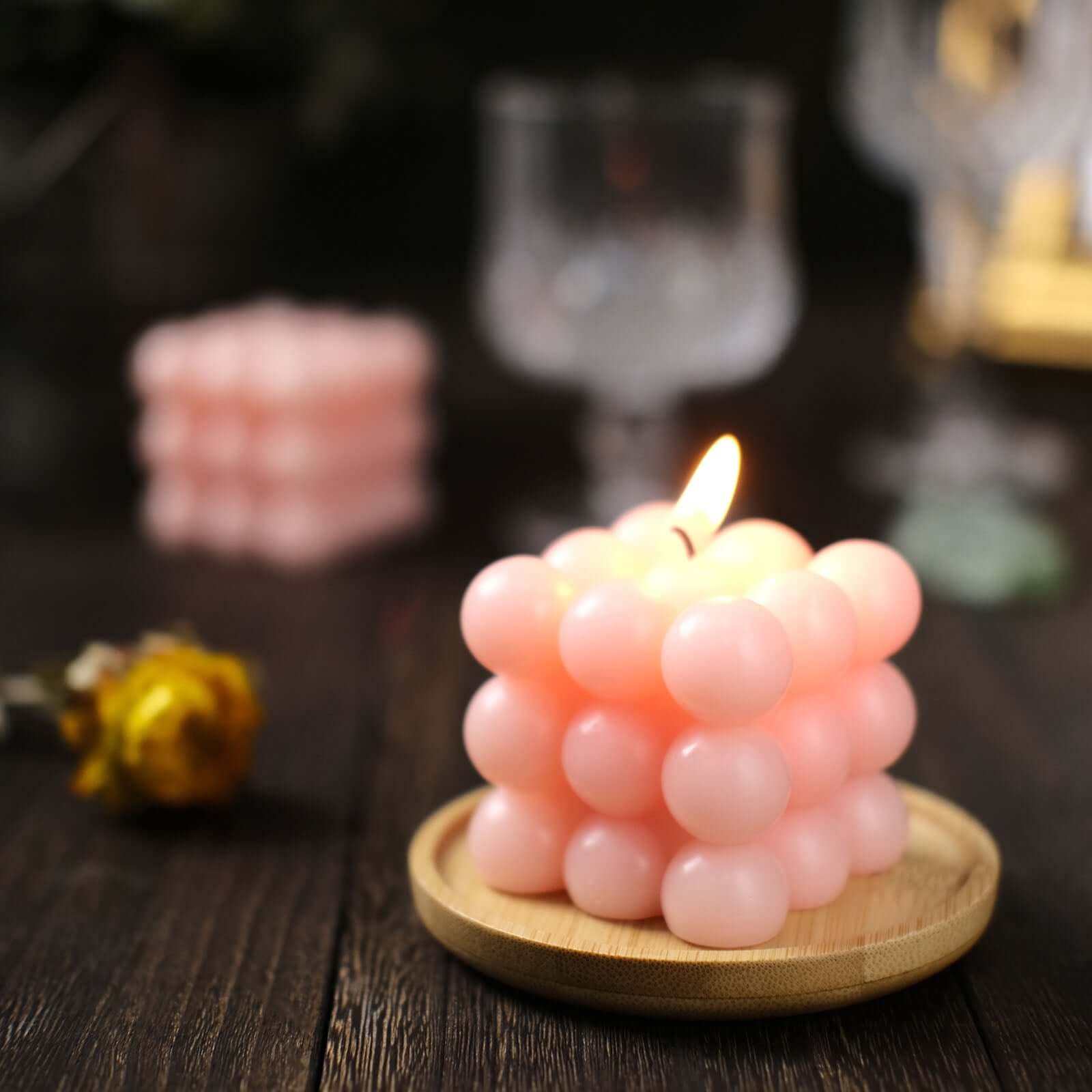 2-Pack Decorative Paraffin Wax Candles Bubble Cube Design Blush - Unscented Long Burning Pillar Candle Set 2