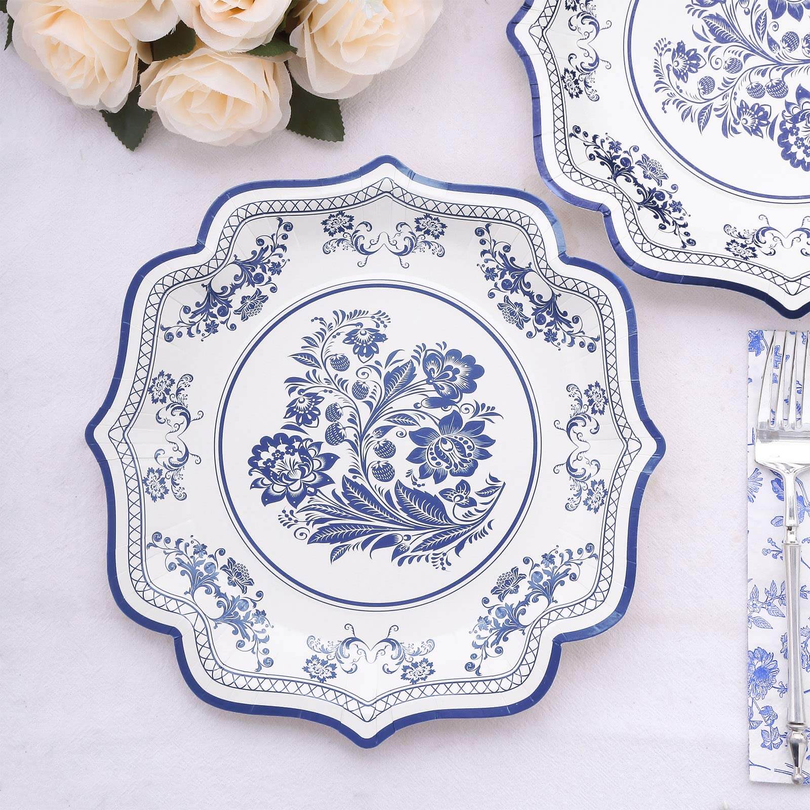 25-Pack Paper Dinner Plates in White with Light Blue French Toile Print & Scallop Rim - Stylish Disposable 300GSM Floral Party Plates 10