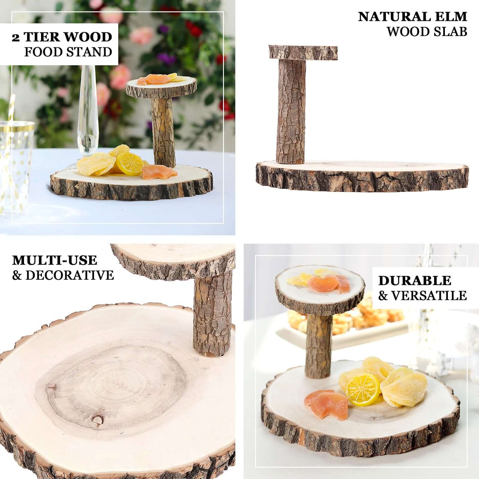 2-Tier Wooden Cheese Board Stand Elm Wood Slice Design Natural - Rustic Cupcake Centerpiece 8