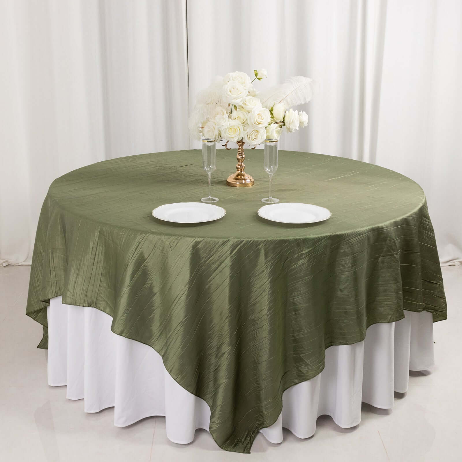 Taffeta 90x90 Table Overlay Square Tablecloth Dusty Sage Green - Accordion Crinkle Table Cover