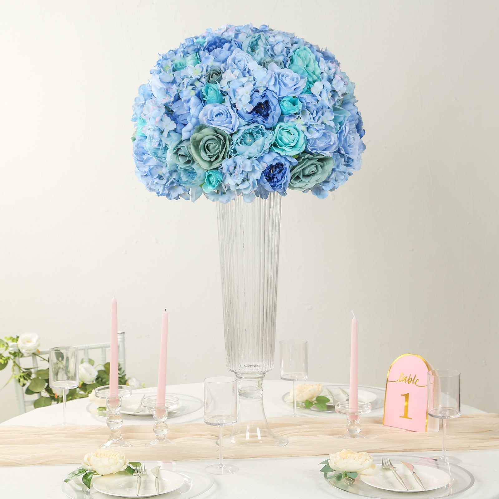 Pre-Arranged Silk Rose Bouquet Floral Arrangement Table Decor, Large Blue Artificial Rose Flower Balls Wedding Centerpieces - 20