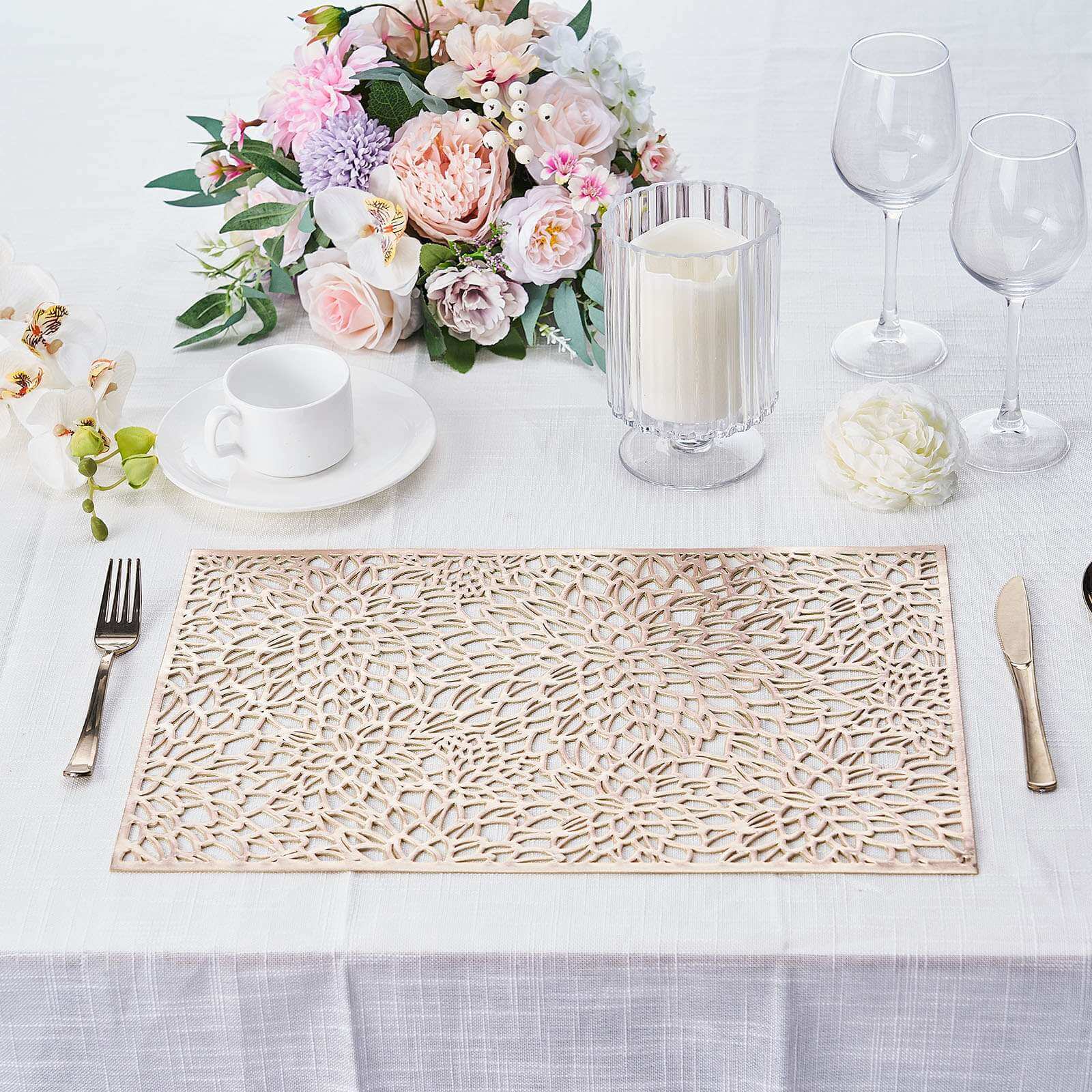 6-Pack Vinyl Placemats Gold Metallic with Floral Design - Stylish Non-Slip Rectangle Table Mats 12x18