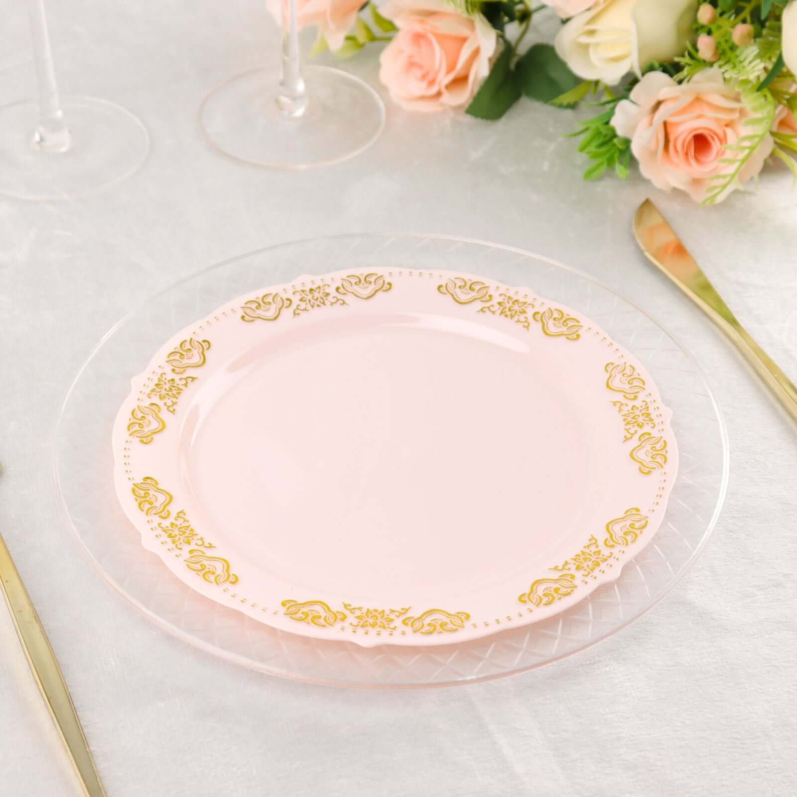 10-Pack Plastic 7.5 Round Appetizer Plates in Blush with Gold Embossed Scalloped Edge - Chic Disposable Salad Plates for Special Occasions & Banquets