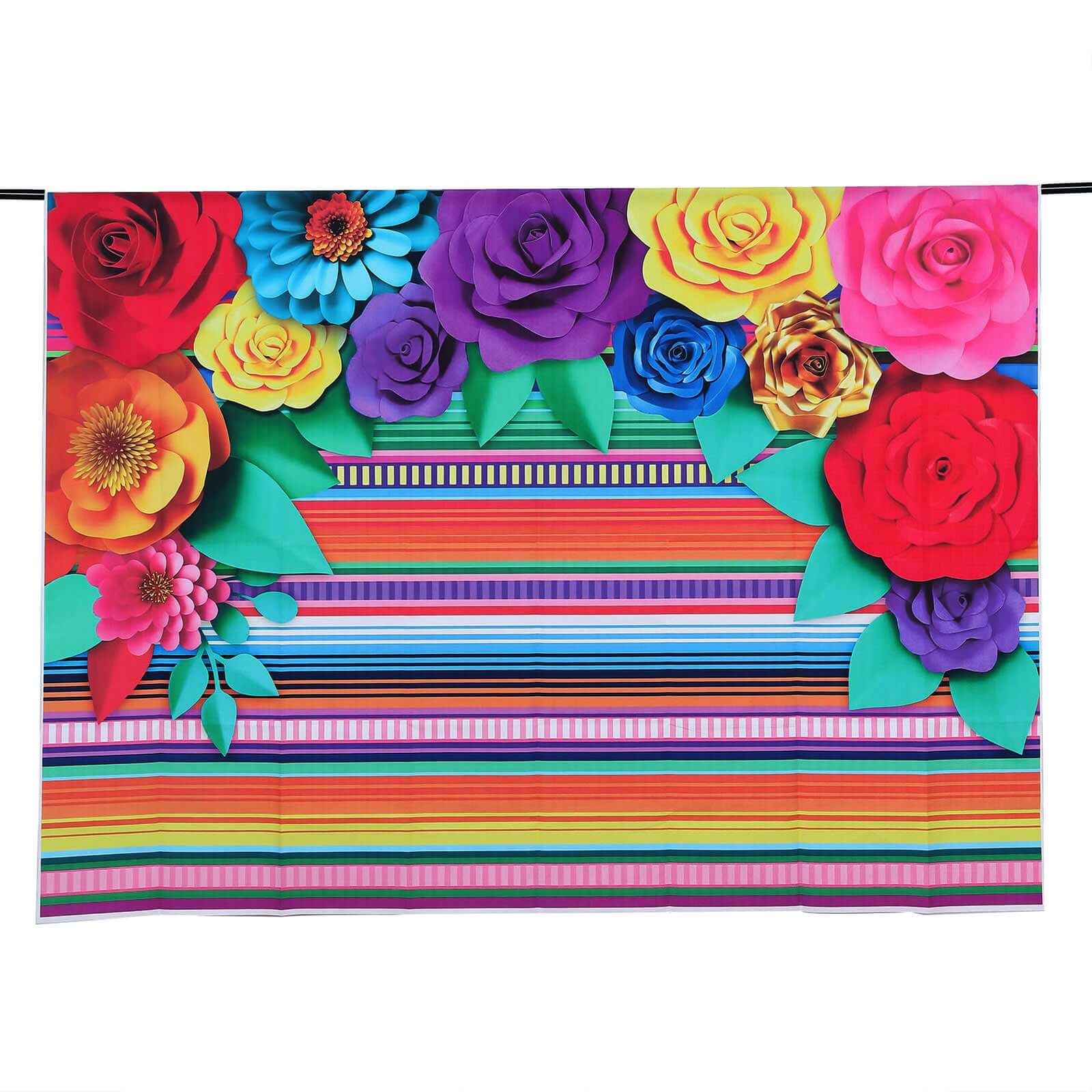 5ftx7ft Colorful Cinco De Mayo Fiesta Vinyl Photography Backdrop, Mexican Themed Multi-Color Striped Paper Flowers Photo Booth Background