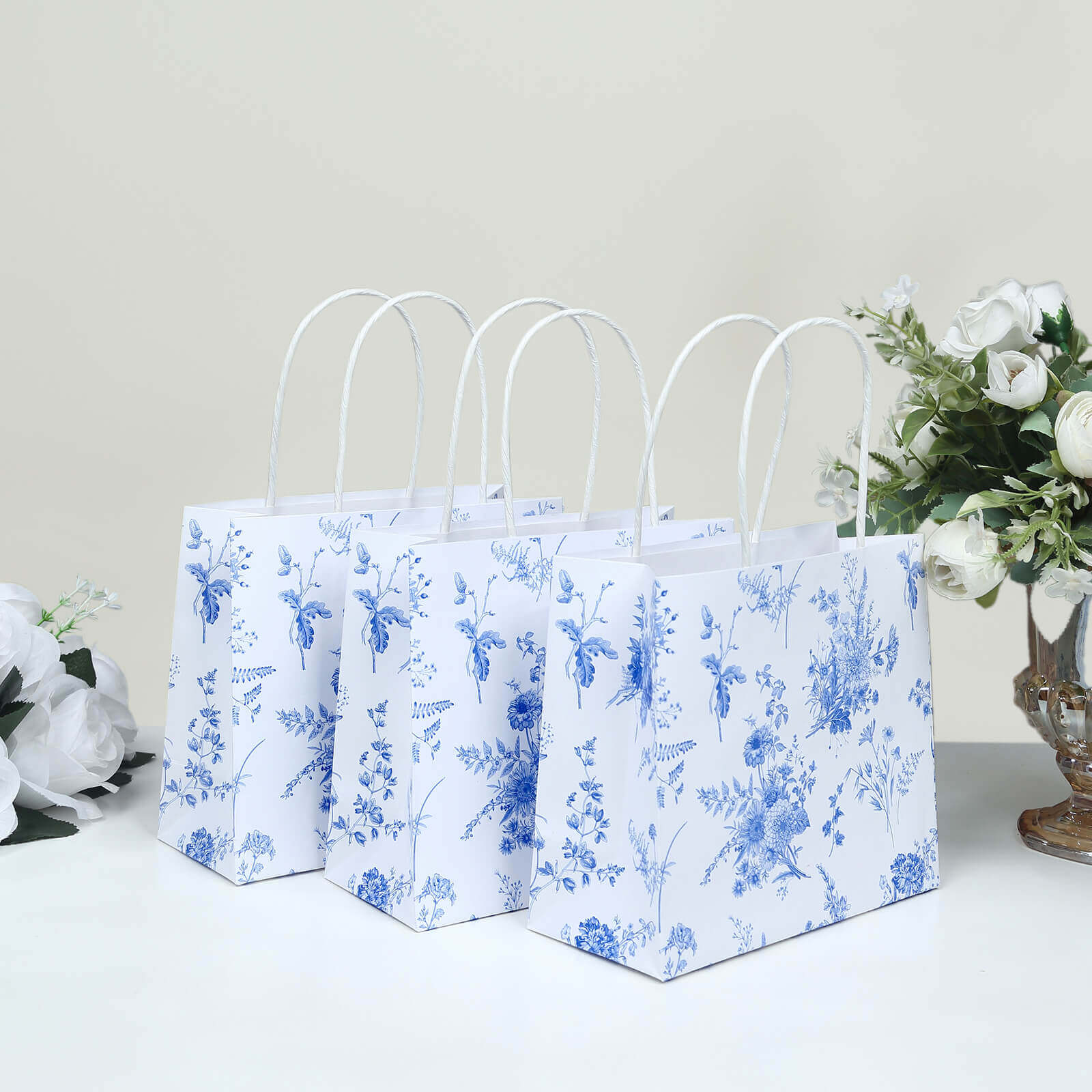 12 Pack White Blue Paper Gift Bags With Handles in French Toile Pattern, Party Favor Goodie Bags - 6x7