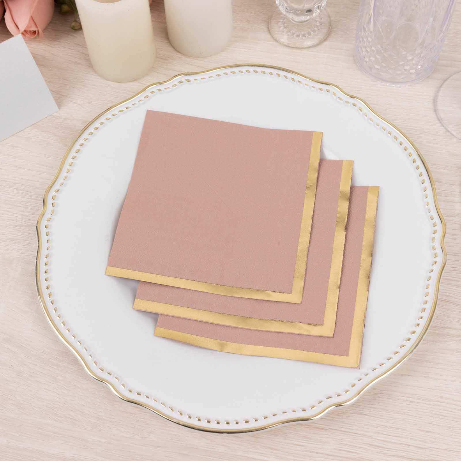 50-Pack Paper Beverage Napkins Dusty Rose with Gold Foil Edge - 2 Ply Disposable Soft 18GSM Cocktail Napkins 5x5