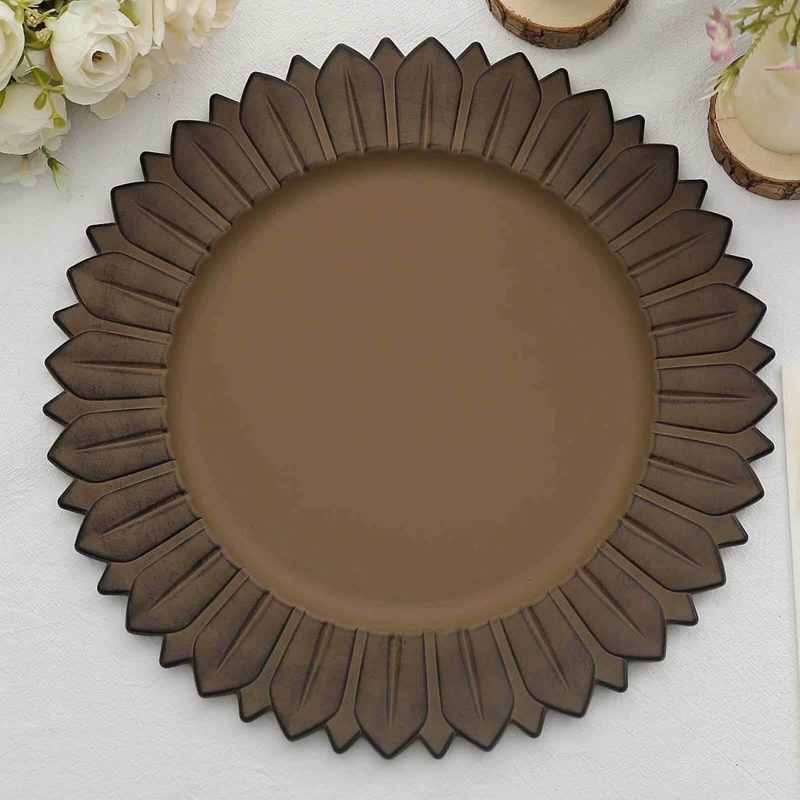 6-Pack Plastic Round Charger Plates 13 in Natural with Sunflower Rim, Matte Finish Disposable Dinner Charger Tableware